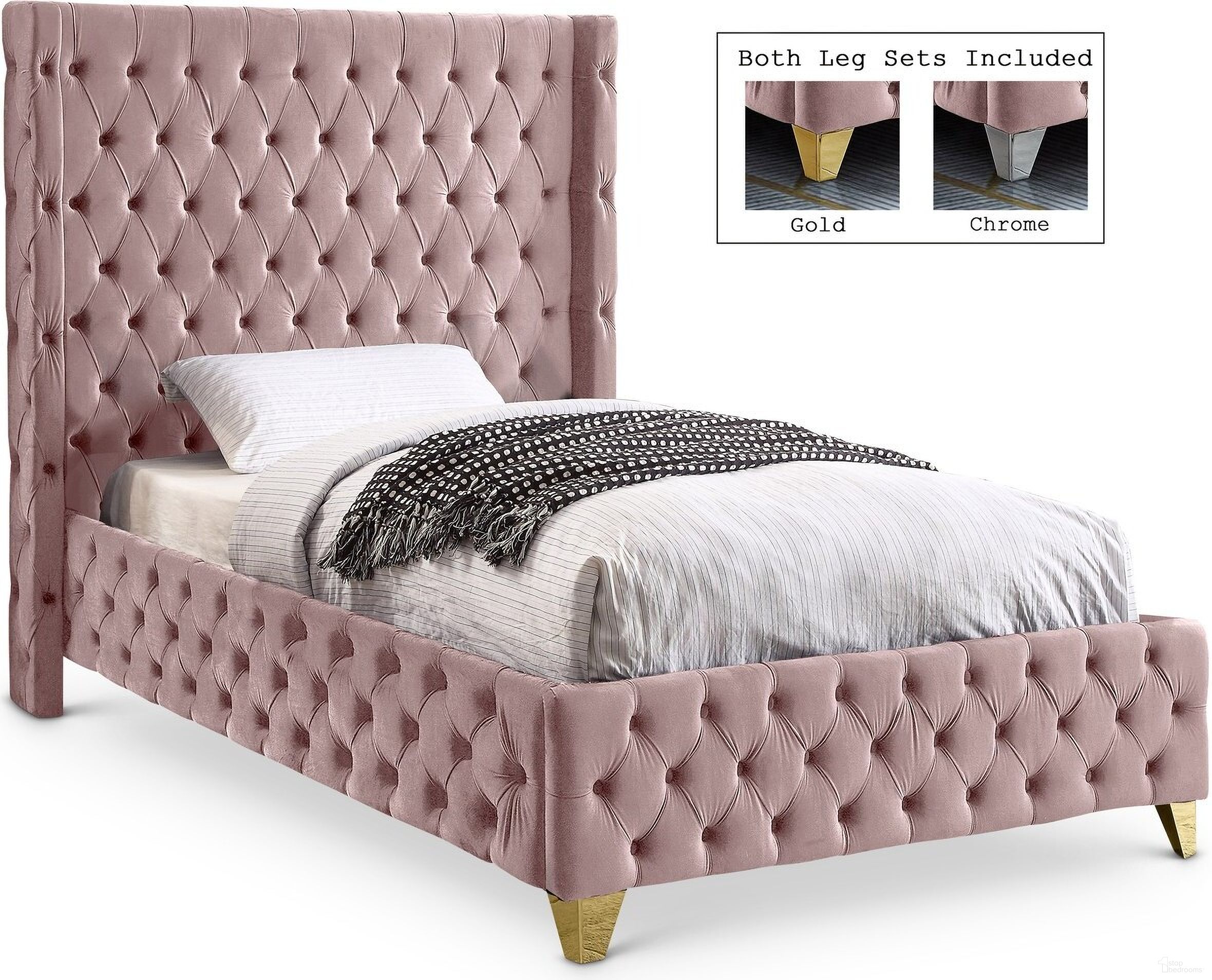 The appearance of Savan Velvet Twin Bed In Pink designed by Meridian in the modern / contemporary interior design. This pink piece of furniture  was selected by 1StopBedrooms from Savan Collection to add a touch of cosiness and style into your home. Sku: SavanPink-T Box 1/2 (Headboard / Slats);SavanPink-T Box 2/2 (Rails / Footboard / Wings). Bed Size: Twin. Material: Velvet. Bed Type: Upholstered Bed.