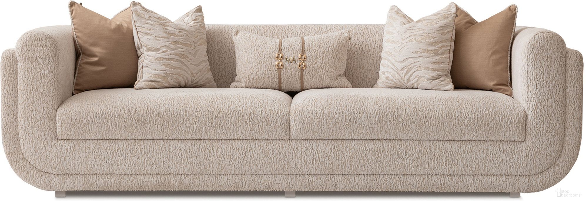 The appearance of Savannah Breeze Mansion Sofa In Cashmere and Bright Gold designed by Michael Amini in the modern / contemporary interior design. This gold piece of furniture was selected by 1StopBedrooms from Savannah Breeze Collection to add a touch of cosiness and style into your home. Sku: LFR-SBRZ816-CSM-806. Material: Solid Wood.