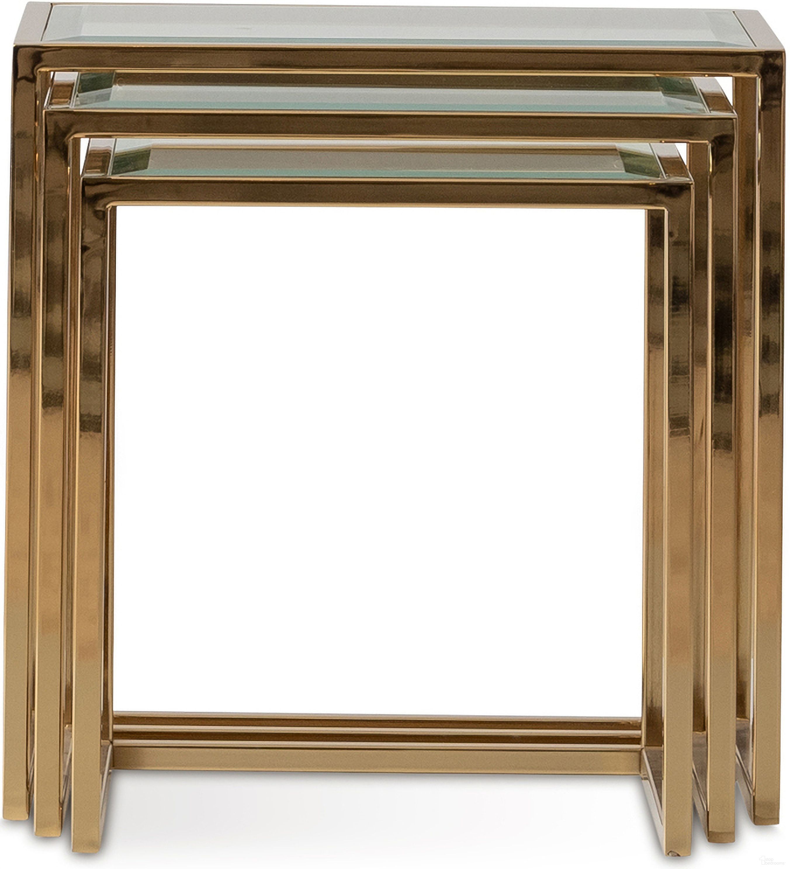 The appearance of Savannah Breeze Nesting Tables Set of 3 In Bright Gold designed by Michael Amini in the modern / contemporary interior design. This gold piece of furniture  was selected by 1StopBedrooms from Savannah Breeze Collection to add a touch of cosiness and style into your home. Sku: LFR-SBRZ224-806. Material: Metal.