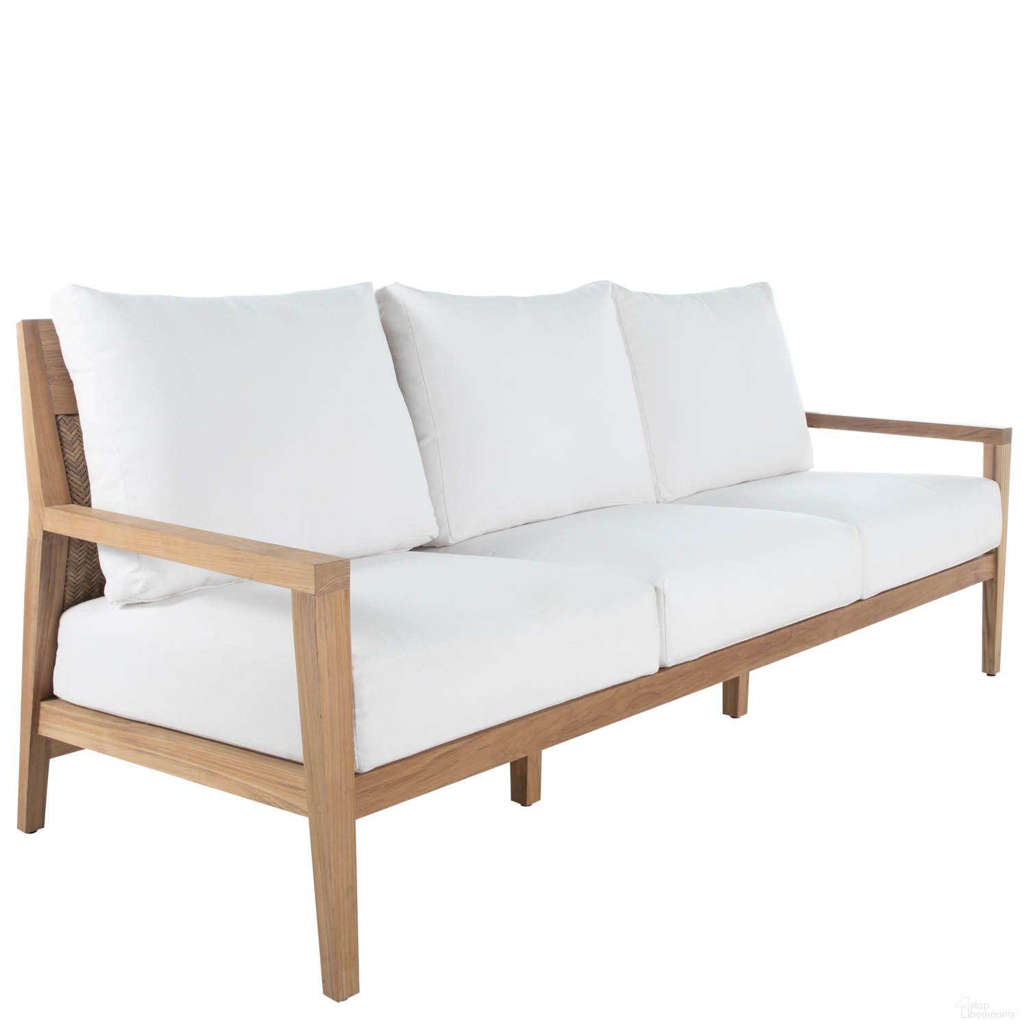 The appearance of Savannah Teak Sofa In Verona Fossil designed by Summer Classics in the transitional interior design. This verona fossil piece of furniture  was selected by 1StopBedrooms from Savannah Teak Collection to add a touch of cosiness and style into your home. Sku: 14064+C829P3120N. Material: Wicker.