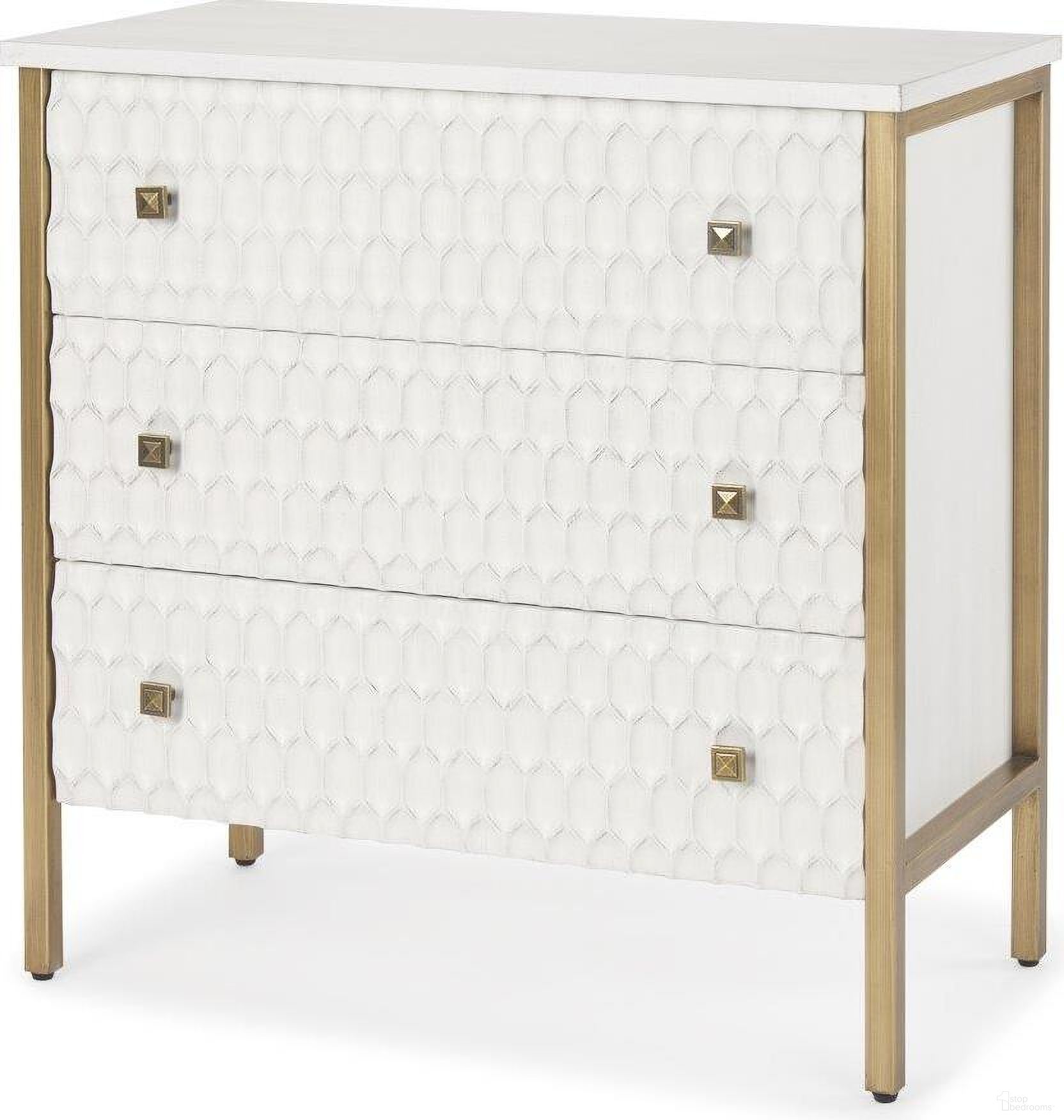 The appearance of Savannah White Fir Veneer With Gold Metal 3-Drawer Accent Cabinet designed by Mercana in the modern / contemporary interior design. This white and gold piece of furniture was selected by 1StopBedrooms from Savannah Collection to add a touch of cosiness and style into your home. Sku: 69758. Material: Metal.