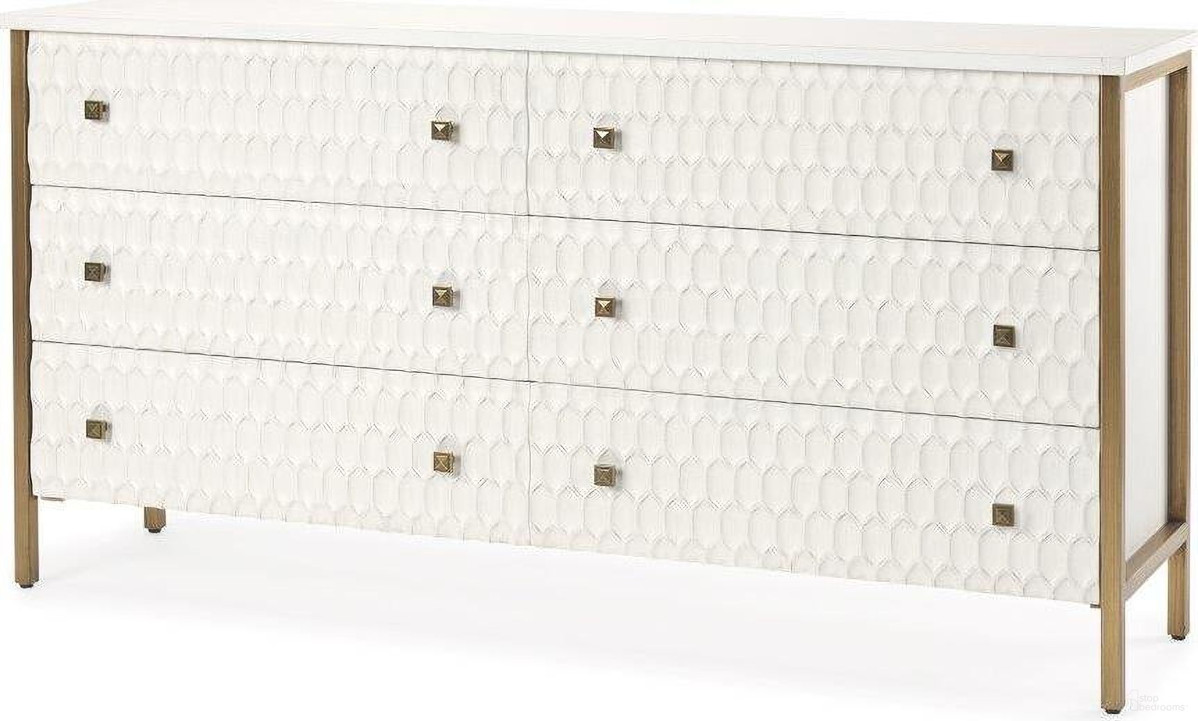 The appearance of Savannah White Fir Veneer With Gold Metal Accents 6-Drawer Sideboard designed by Mercana in the modern / contemporary interior design. This white and gold piece of furniture was selected by 1StopBedrooms from Savannah Collection to add a touch of cosiness and style into your home. Sku: 69759. Material: Metal.