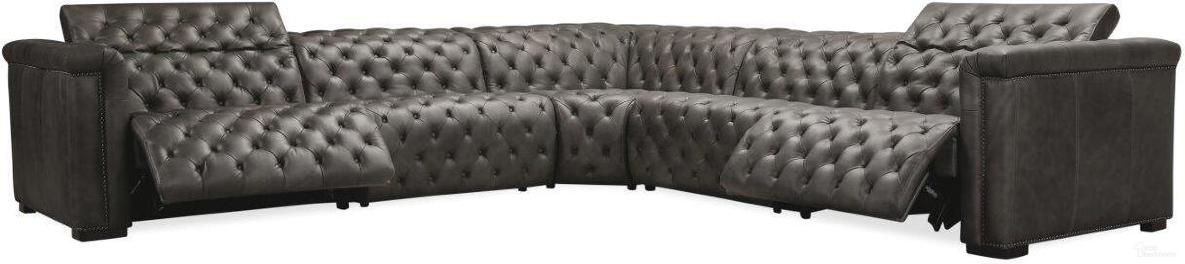 The appearance of MS Savion Grandier Grey 5 Pc Sectional With 2 Power Recline Power Headrest designed by Hooker in the traditional interior design. This grey piece of furniture was selected by 1StopBedrooms from MS Collection to add a touch of cosiness and style into your home. Sku: SS434-1.5AL-S-PH-096;SS434-1.5AL-S-PH-096;SS434-1.5RL-P-PH-096;SS434-PCW-096. Material: Leather. Layout: L-Shape.