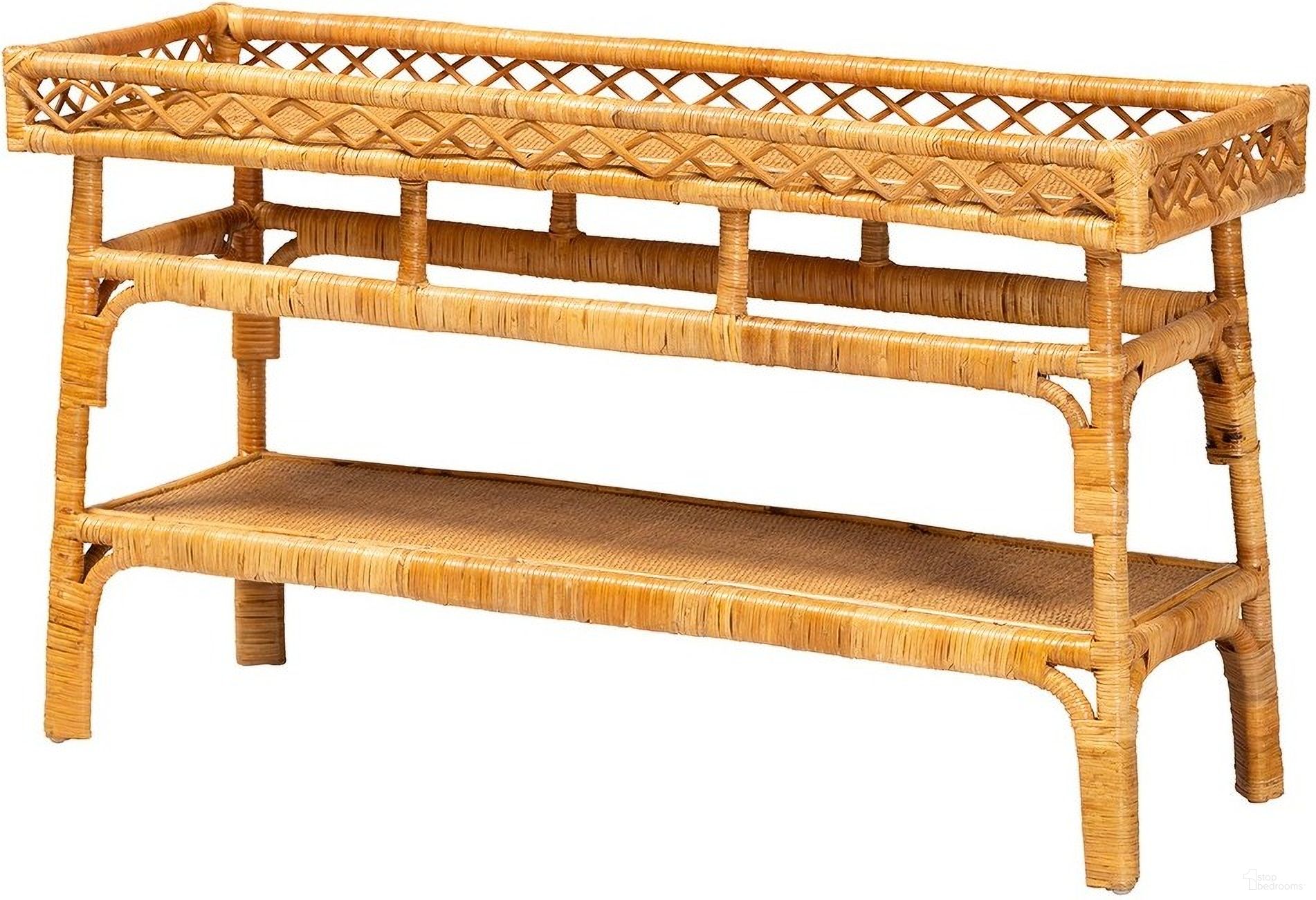 The appearance of Savitri 2-Tier Console Table In Honey designed by Baxton Studio in the bohemian interior design. This honey piece of furniture was selected by 1StopBedrooms from Savitri Collection to add a touch of cosiness and style into your home. Sku: DCWH1004-Light Honey Rattan-Lucia Console Table. Material: Plywood.