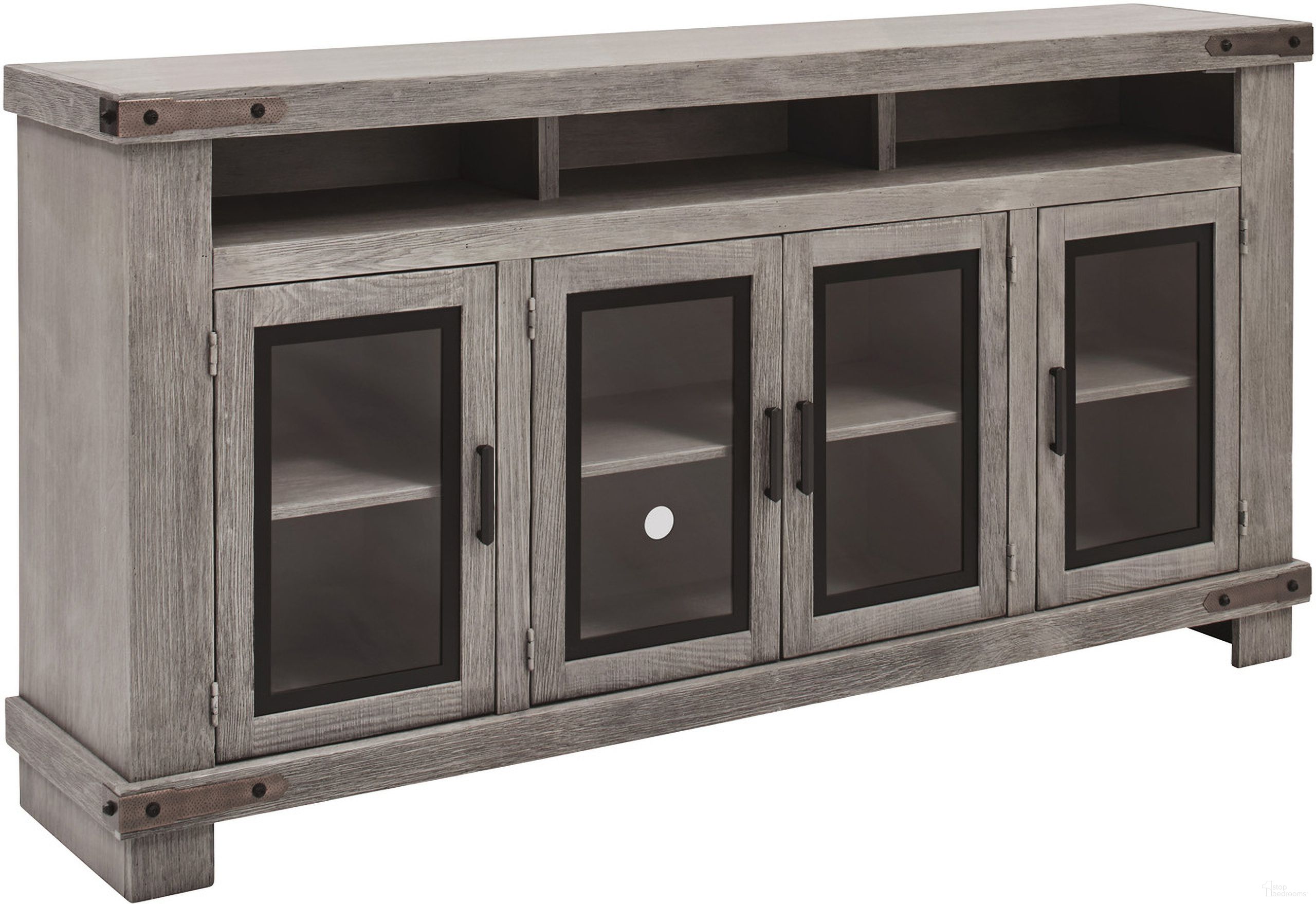 The appearance of Sawyer 79 Inch Highboy Console With 4 Doors In Medium Brown designed by Aspenhome in the country / farmhouse interior design. This medium brown piece of furniture  was selected by 1StopBedrooms from Sawyer Collection to add a touch of cosiness and style into your home. Sku: WDO1252-BDL. Material: Wood.