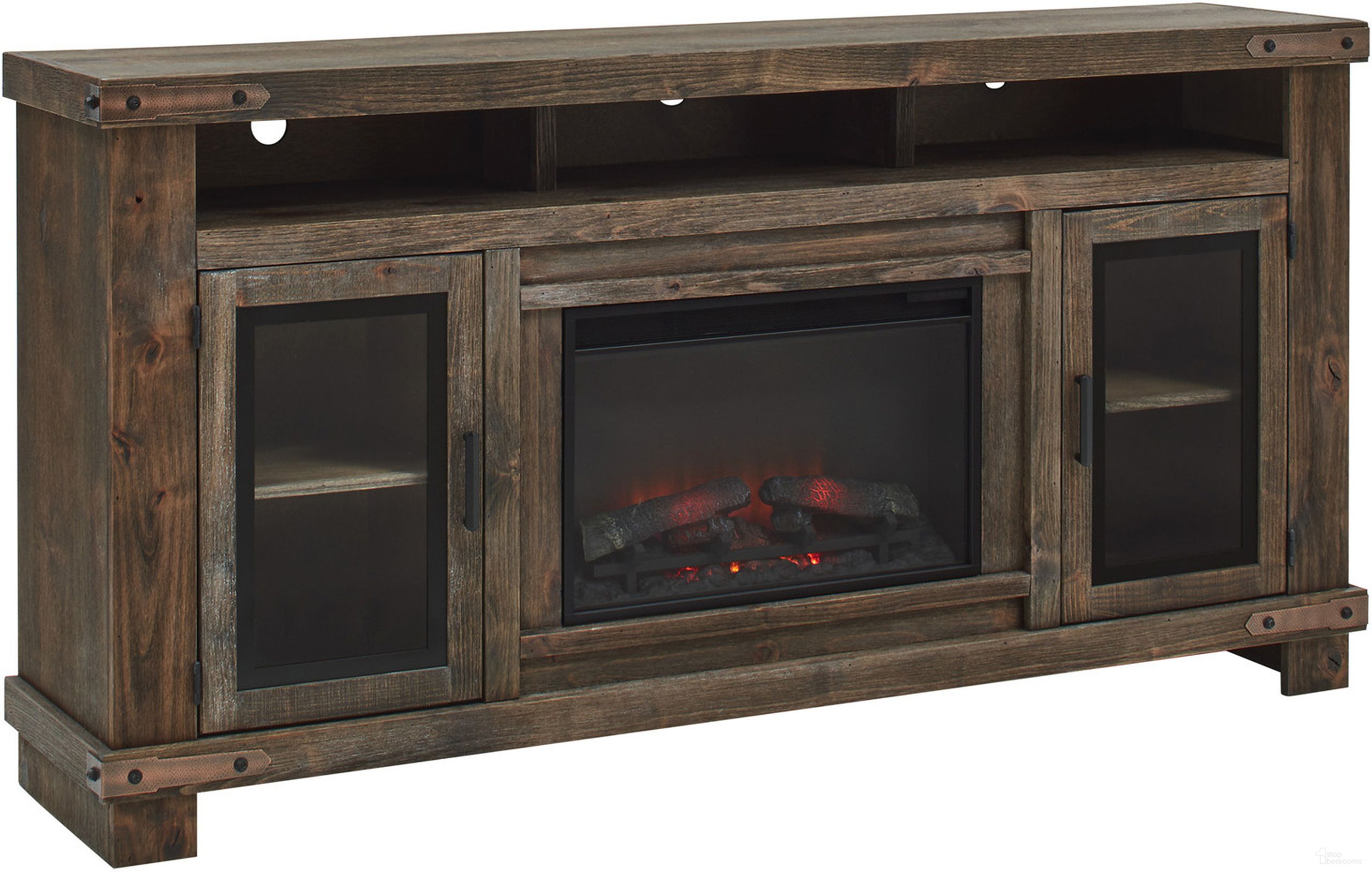 The appearance of Sawyer 79 Inch Highboy Fireplace Console With 2 Doors In Medium Brown designed by Aspenhome in the country / farmhouse interior design. This medium brown piece of furniture  was selected by 1StopBedrooms from Sawyer Collection to add a touch of cosiness and style into your home. Sku: WDO1952-BDL. Material: Wood.