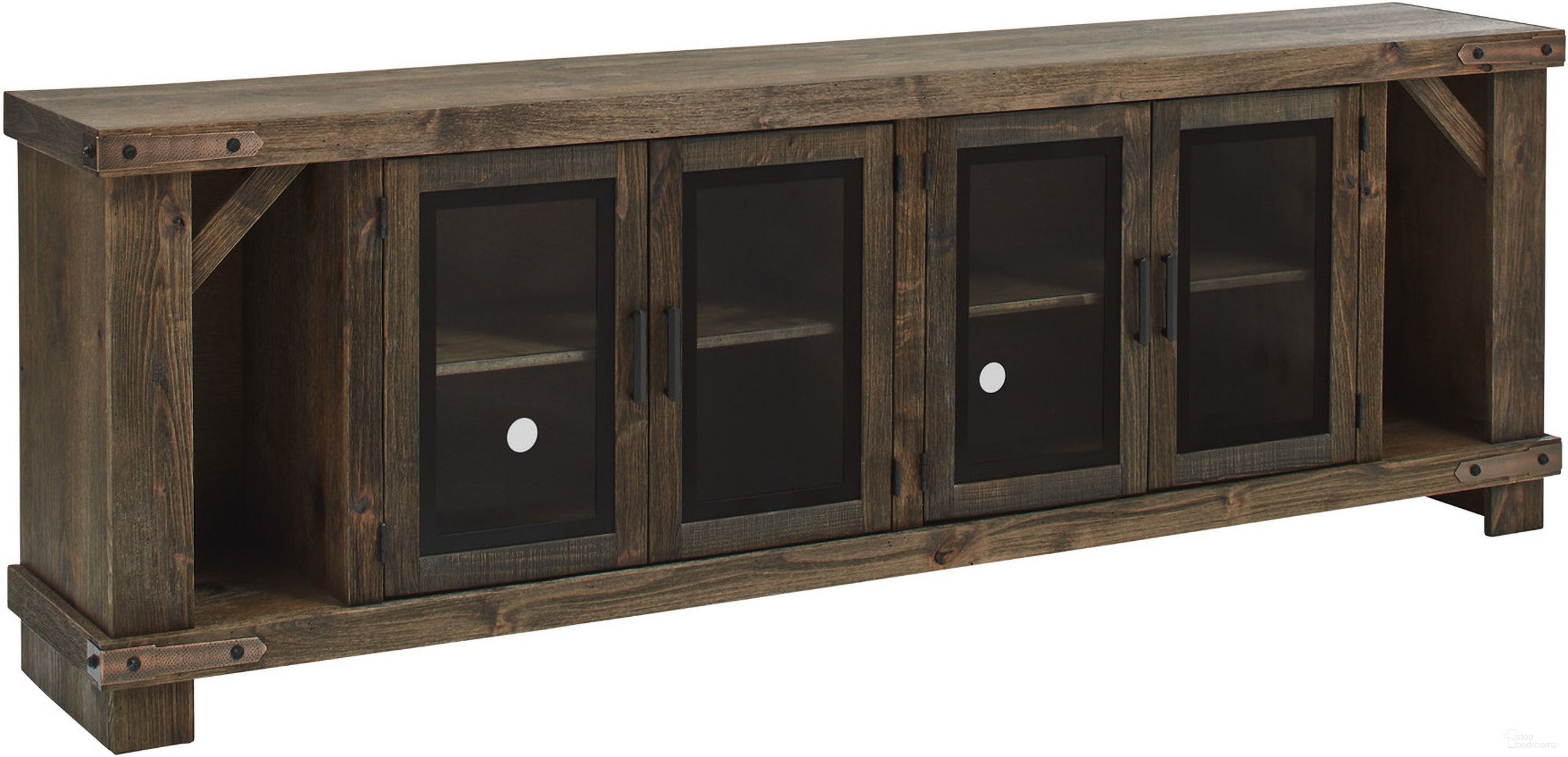 The appearance of Sawyer 98 Inch Console With 4 Doors In Medium Brown designed by Aspenhome in the country / farmhouse interior design. This medium brown piece of furniture  was selected by 1StopBedrooms from Sawyer Collection to add a touch of cosiness and style into your home. Sku: WDO1270-BDL. Material: Wood.