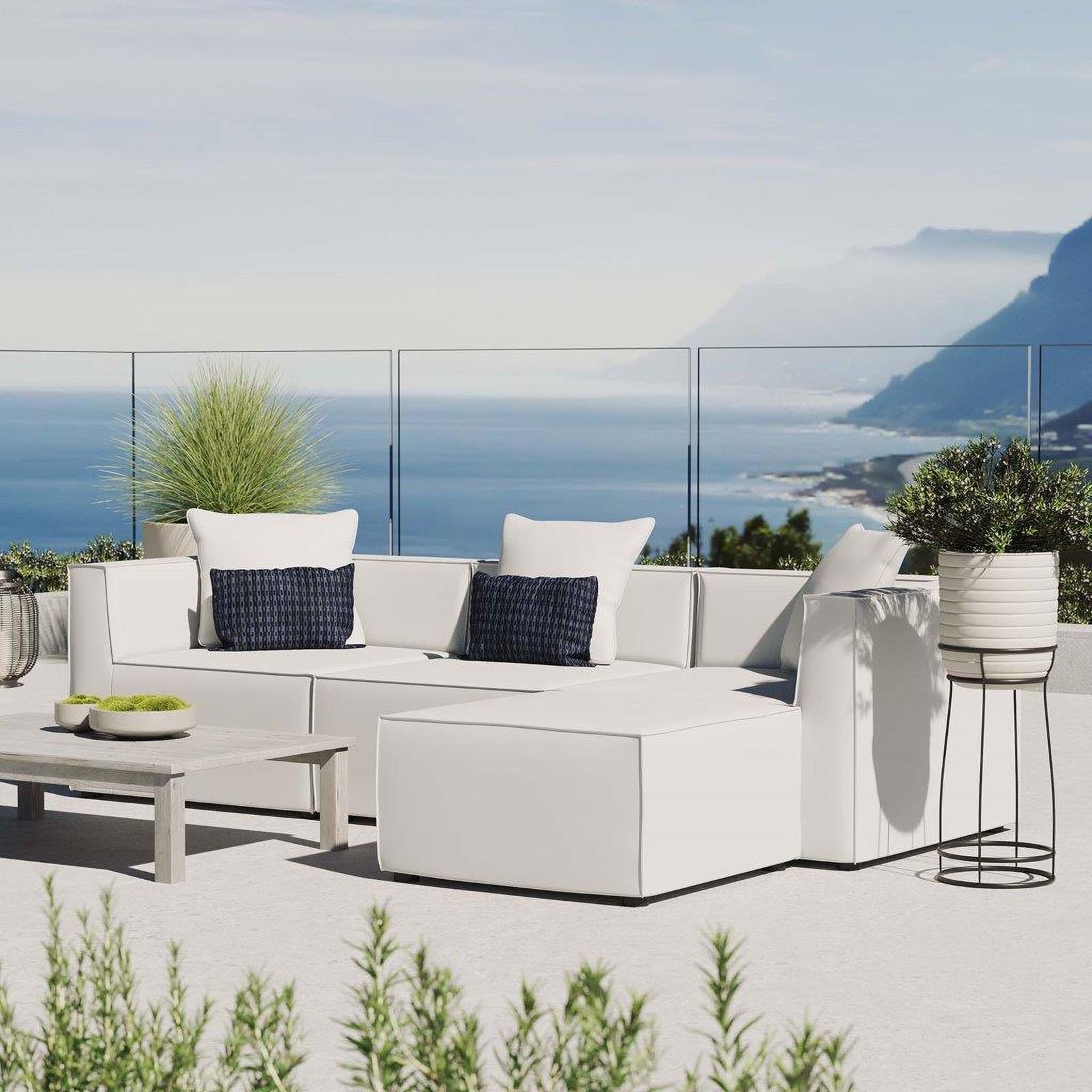 The appearance of Saybrook Outdoor Patio Upholstered 4-Piece Sectional Sofa EEI-4380-WHI designed by Modway in the modern / contemporary interior design. This white piece of furniture  was selected by 1StopBedrooms from Saybrook Collection to add a touch of cosiness and style into your home. Sku: EEI-4209-WHI;EEI-4210-WHI;EEI-4210-WHI;EEI-4211-WHI. Material: Aluminum. Layout: Sofa & Chaise.