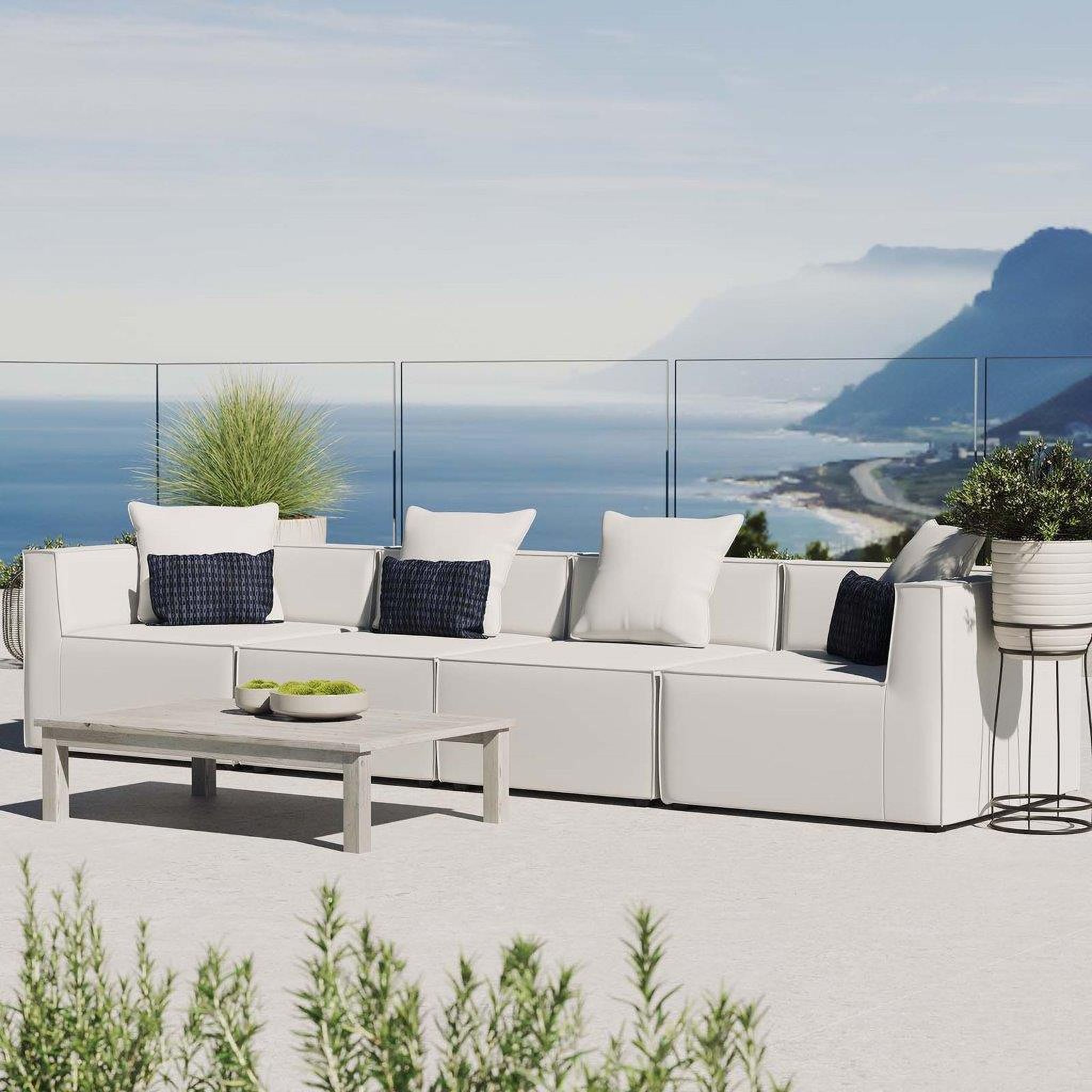The appearance of Saybrook Outdoor Patio Upholstered 4-Piece Sectional Sofa In White designed by Modway in the modern / contemporary interior design. This white piece of furniture was selected by 1StopBedrooms from Saybrook Collection to add a touch of cosiness and style into your home. Sku: EEI-4209-WHI;EEI-4209-WHI;EEI-4210-WHI;EEI-4210-WHI. Material: Aluminum.