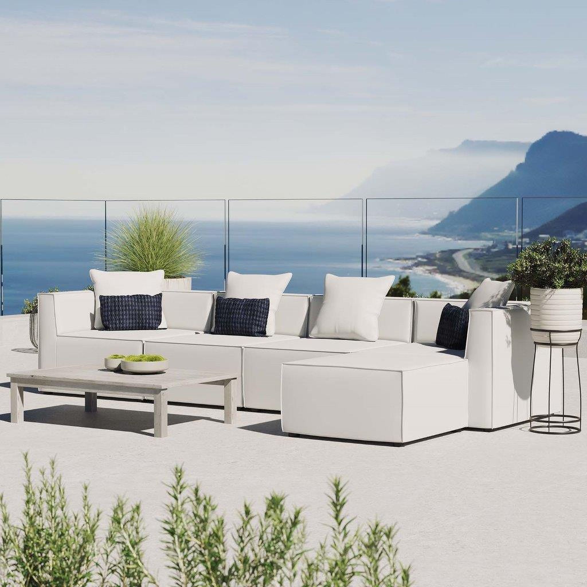 The appearance of Saybrook Outdoor Patio Upholstered 5-Piece Sectional Sofa EEI-4382-WHI designed by Modway in the modern / contemporary interior design. This white piece of furniture was selected by 1StopBedrooms from Saybrook Collection to add a touch of cosiness and style into your home. Sku: EEI-4209-WHI;EEI-4209-WHI;EEI-4210-WHI;EEI-4210-WHI;EEI-4211-WHI. Material: Aluminum. Layout: Sofa & Chaise.