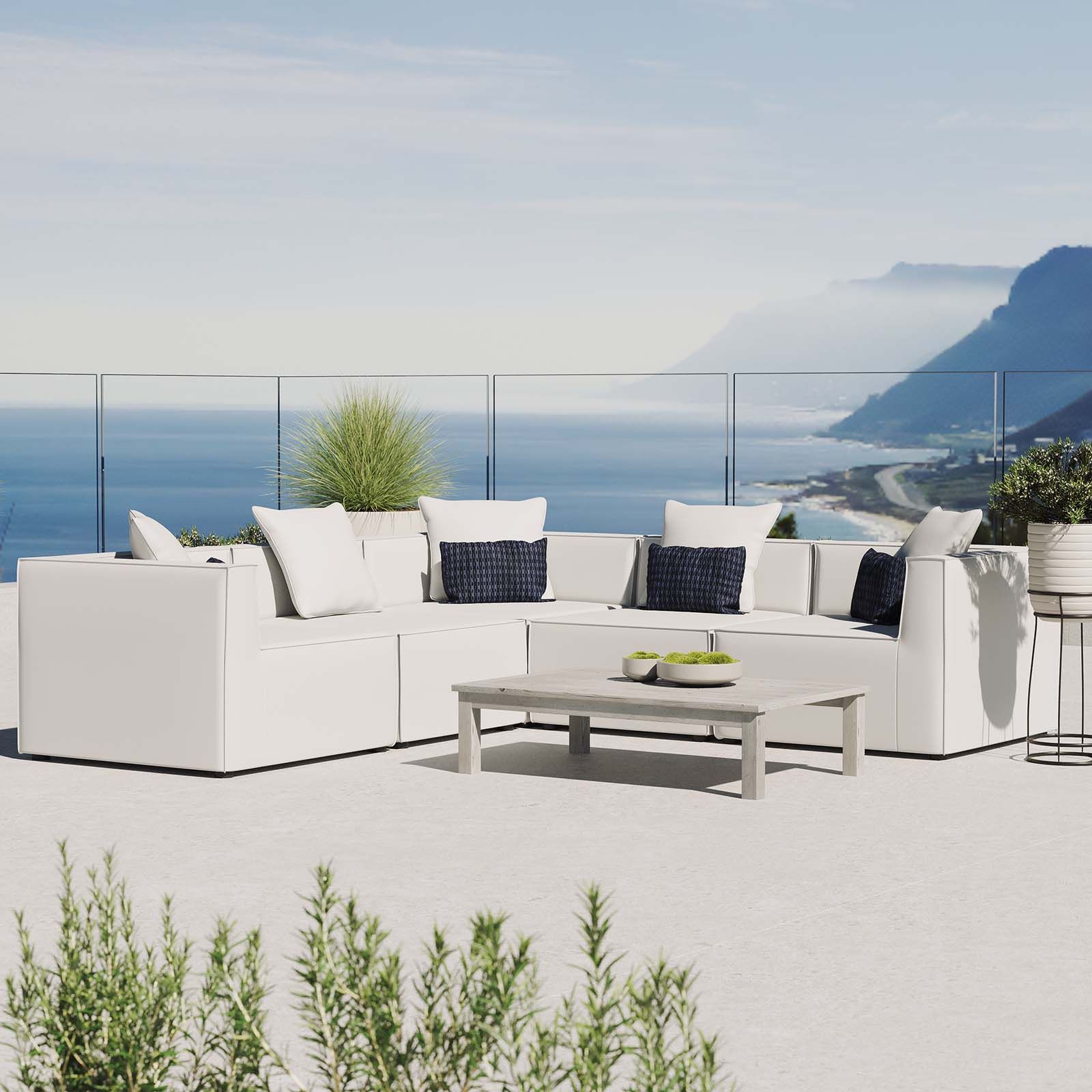 The appearance of Saybrook Outdoor Patio Upholstered 5-Piece Sectional Sofa In White designed by Modway in the modern / contemporary interior design. This white piece of furniture  was selected by 1StopBedrooms from Saybrook Collection to add a touch of cosiness and style into your home. Sku: EEI-4209-WHI;EEI-4209-WHI;EEI-4210-WHI;EEI-4210-WHI;EEI-4210-WHI. Material: Aluminum. Layout: L-Shape.
