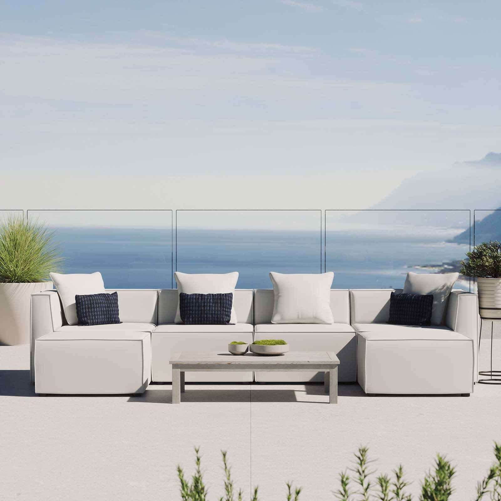 The appearance of Saybrook Outdoor Patio Upholstered 6-Piece Sectional Sofa EEI-4383-WHI designed by Modway in the modern / contemporary interior design. This white piece of furniture was selected by 1StopBedrooms from Saybrook Collection to add a touch of cosiness and style into your home. Sku: EEI-4209-WHI;EEI-4209-WHI;EEI-4210-WHI;EEI-4210-WHI;EEI-4211-WHI;EEI-4211-WHI. Material: Aluminum. Layout: U-Shape.