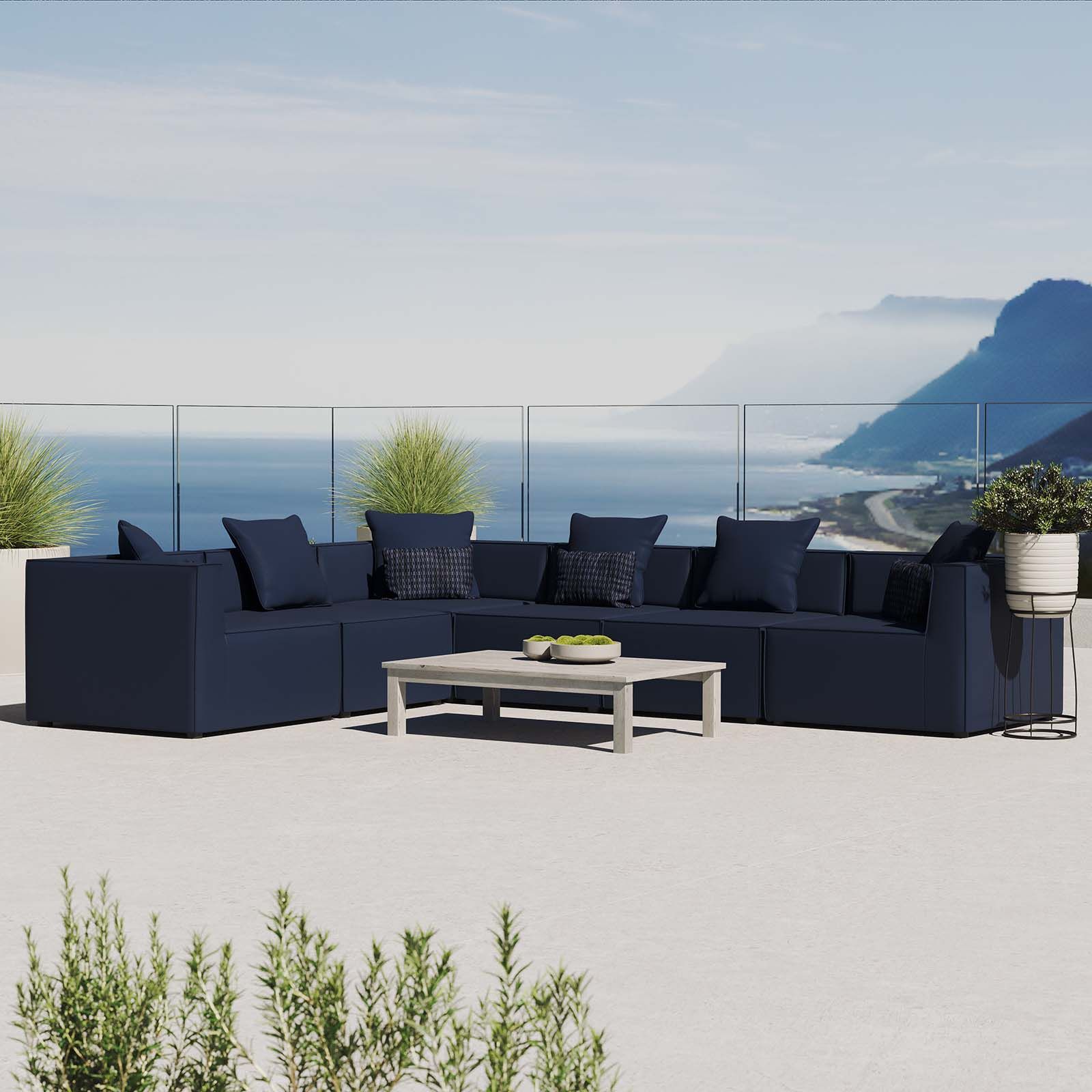 The appearance of Saybrook Outdoor Patio Upholstered 6-Piece Sectional Sofa EEI-4385-NAV designed by Modway in the modern / contemporary interior design. This navy piece of furniture was selected by 1StopBedrooms from Saybrook Collection to add a touch of cosiness and style into your home. Sku: EEI-4209-NAV-N;EEI-4209-NAV-N;EEI-4209-NAV-N;EEI-4210-NAV-N;EEI-4210-NAV-N;EEI-4210-NAV-N. Material: Aluminum. Layout: L-Shape.