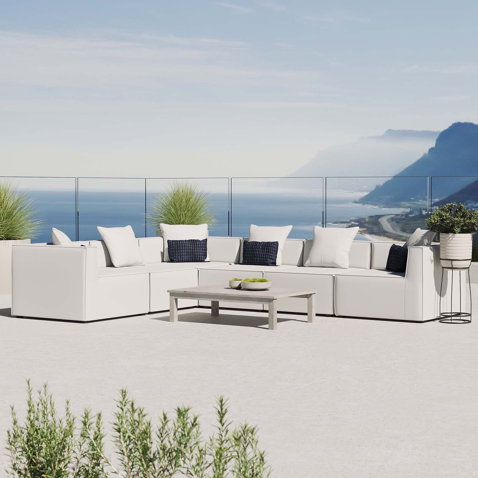 The appearance of Saybrook Outdoor Patio Upholstered 6-Piece Sectional Sofa In White designed by Modway in the modern / contemporary interior design. This white piece of furniture was selected by 1StopBedrooms from Saybrook Collection to add a touch of cosiness and style into your home. Sku: EEI-4209-WHI;EEI-4209-WHI;EEI-4209-WHI;EEI-4210-WHI;EEI-4210-WHI;EEI-4210-WHI. Material: Aluminum. Layout: L-Shape.