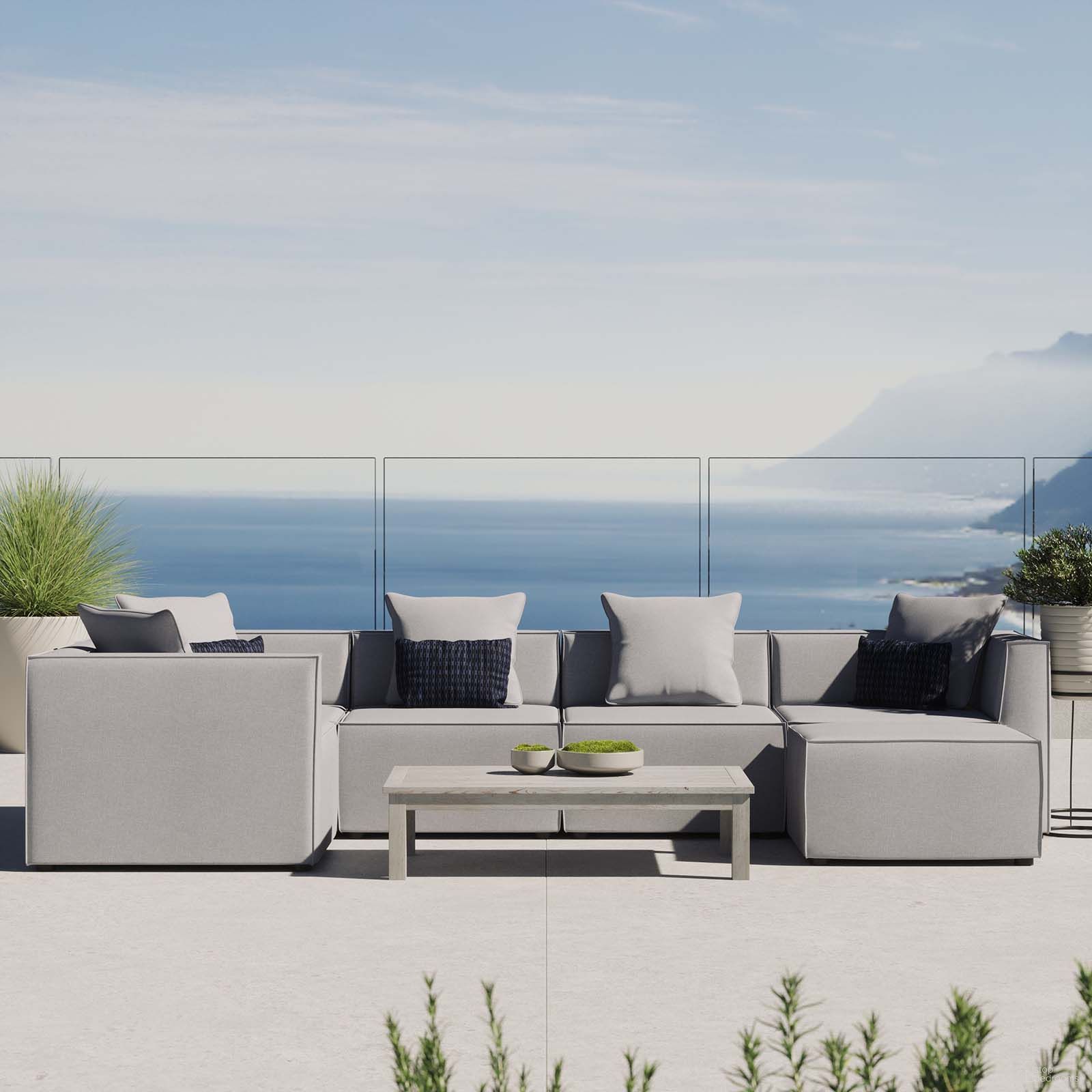 The appearance of Saybrook Outdoor Patio Upholstered 6-Piece Sectional Sofa EEI-4386-GRY designed by Modway in the modern / contemporary interior design. This gray piece of furniture was selected by 1StopBedrooms from Saybrook Collection to add a touch of cosiness and style into your home. Sku: EEI-4209-GRY;EEI-4209-GRY;EEI-4210-GRY;EEI-4210-GRY;EEI-4210-GRY;EEI-4211-GRY. Material: Aluminum. Layout: Modular.