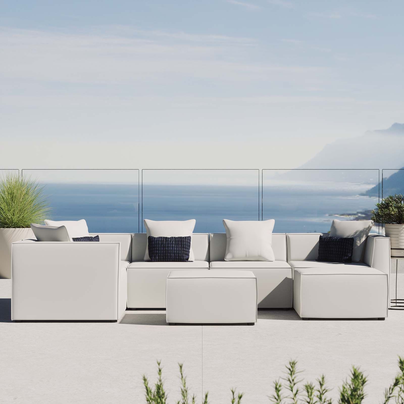 The appearance of Saybrook Outdoor Patio Upholstered 7-Piece Sectional Sofa EEI-4387-WHI designed by Modway in the modern / contemporary interior design. This white piece of furniture was selected by 1StopBedrooms from Saybrook Collection to add a touch of cosiness and style into your home. Sku: EEI-4209-WHI;EEI-4209-WHI;EEI-4210-WHI;EEI-4210-WHI;EEI-4210-WHI;EEI-4211-WHI;EEI-4211-WHI. Material: Aluminum. Layout: Modular.