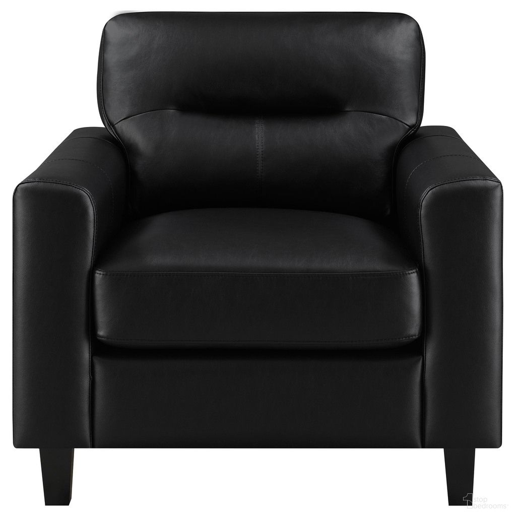 The appearance of Scotland Faux Leather Upholstered Track Arm Chair In Black designed by Coaster in the transitional interior design. This black piece of furniture was selected by 1StopBedrooms from Scotland Collection to add a touch of cosiness and style into your home. Sku: 504666. Material: Faux Leather.