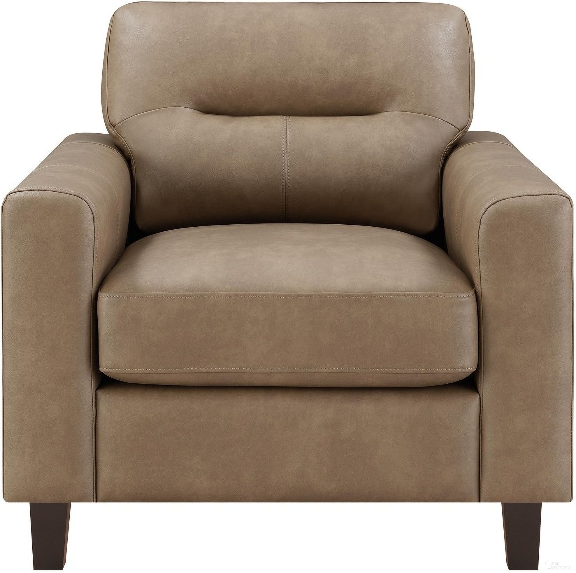 The appearance of Scotland Faux Leather Upholstered Track Arm Chair In Brown designed by Coaster in the transitional interior design. This brown piece of furniture was selected by 1StopBedrooms from Scotland Collection to add a touch of cosiness and style into your home. Sku: 504669. Material: Faux Leather.