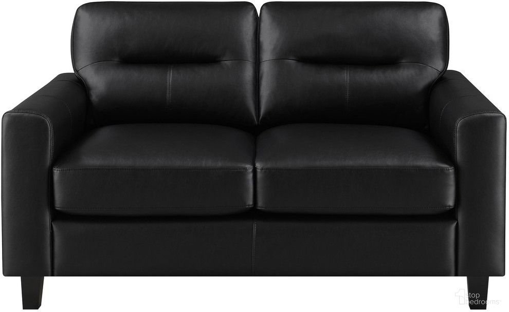 The appearance of Scotland Faux Leather Upholstered Track Arm Loveseat In Black designed by Coaster in the transitional interior design. This black piece of furniture was selected by 1StopBedrooms from Scotland Collection to add a touch of cosiness and style into your home. Sku: 504665. Material: Faux Leather.