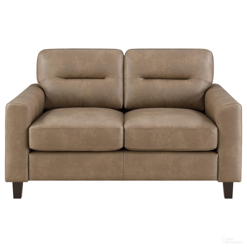 The appearance of Scotland Faux Leather Upholstered Track Arm Loveseat In Brown designed by Coaster in the transitional interior design. This brown piece of furniture was selected by 1StopBedrooms from Scotland Collection to add a touch of cosiness and style into your home. Sku: 504668. Material: Faux Leather.