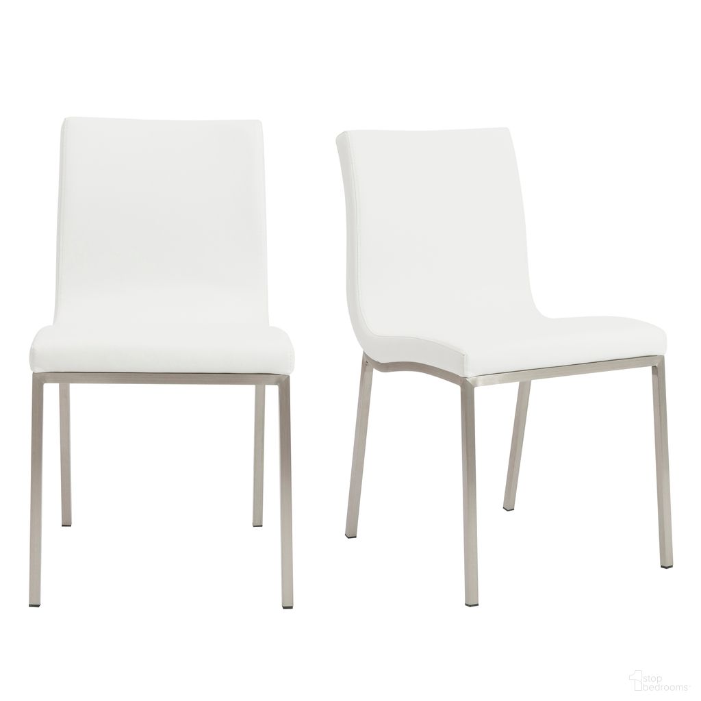 The appearance of Scott Side Chair Set of 2 In White and Brushed Stainless Steel designed by Euro Style in the modern / contemporary interior design. This white/brushed stainless steel piece of furniture  was selected by 1StopBedrooms from Scott Collection to add a touch of cosiness and style into your home. Sku: 80960WHT. Material: Leather. Chair Type: Side Chair.
