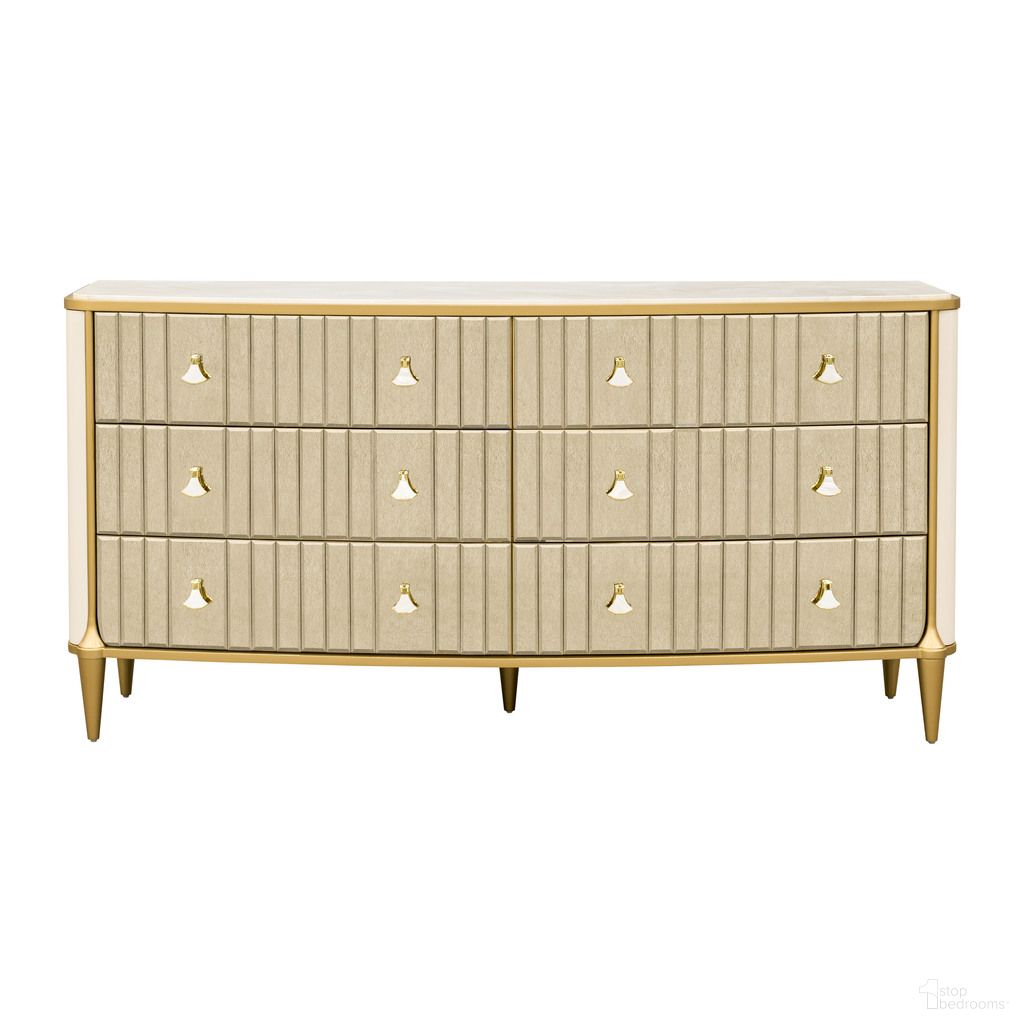 The appearance of Scotts Square Dresser In Light Champagne designed by Michael Amini in the modern / contemporary interior design. This light champagne piece of furniture  was selected by 1StopBedrooms from Scotts Square Collection to add a touch of cosiness and style into your home. Sku: 9097050SA-124. Material: Solid Wood.