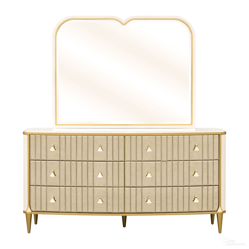 The appearance of Scotts Square Dresser with Mirror In Light Champagne designed by Michael Amini in the modern / contemporary interior design. This light champagne piece of furniture  was selected by 1StopBedrooms from Scotts Square Collection to add a touch of cosiness and style into your home. Sku: 9097050SA-124;9097060-124. Material: Solid Wood.