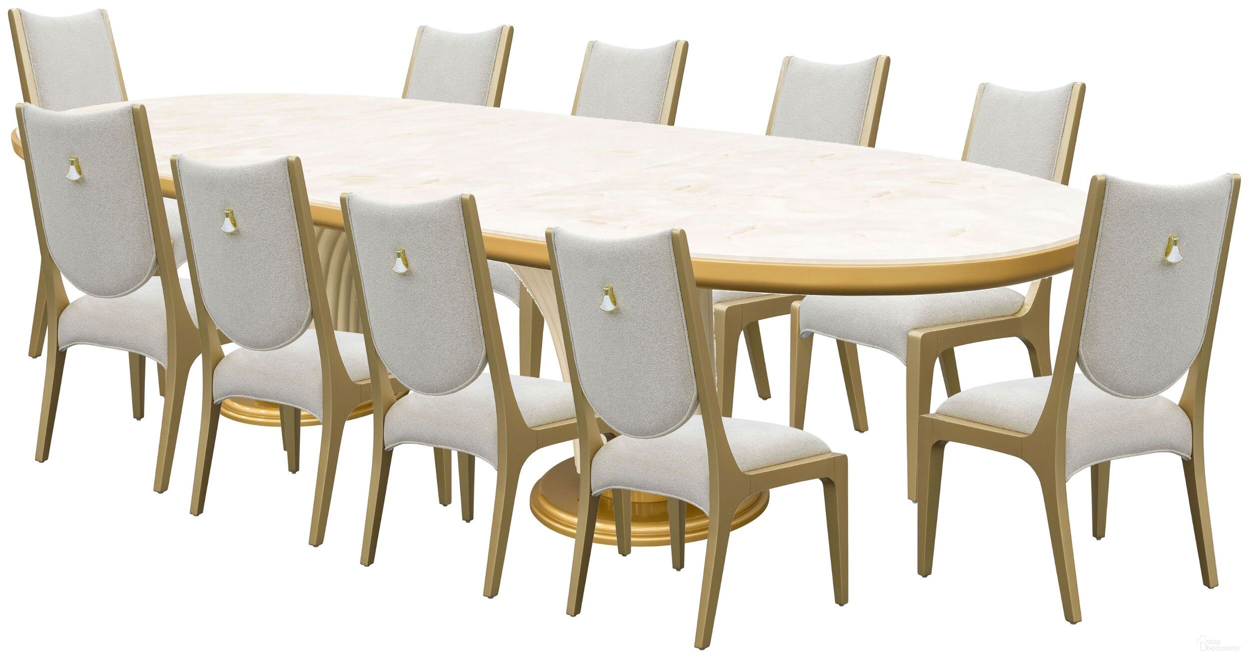 The appearance of Scotts Square Oval Dining Room Set In Light Champagne designed by Michael Amini in the modern / contemporary interior design. This light champagne piece of furniture  was selected by 1StopBedrooms from Scotts Square Collection to add a touch of cosiness and style into your home. Sku: 9097000T-124;9097000B-124;9097003A-124. Table Top Shape: Oval. Material: Poplar. Size: 47" x 87".