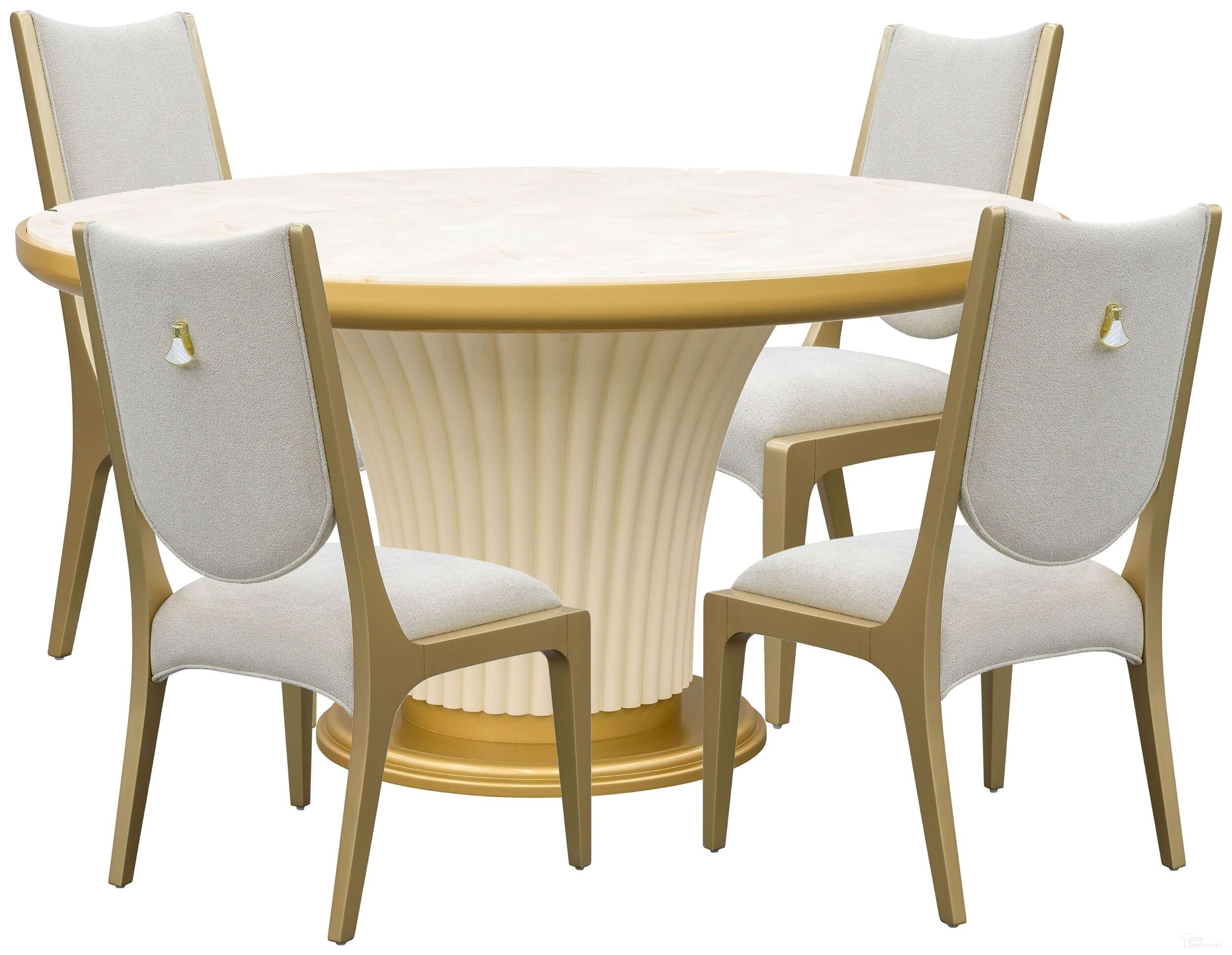 The appearance of Scotts Square Round Dining Room Set In Light Champagne designed by Michael Amini in the modern / contemporary interior design. This light champagne piece of furniture  was selected by 1StopBedrooms from Scotts Square Collection to add a touch of cosiness and style into your home. Sku: 9097001T-124;9097001B-124;9097003A-124. Table Top Shape: Round. Material: Poplar. Size: 60".