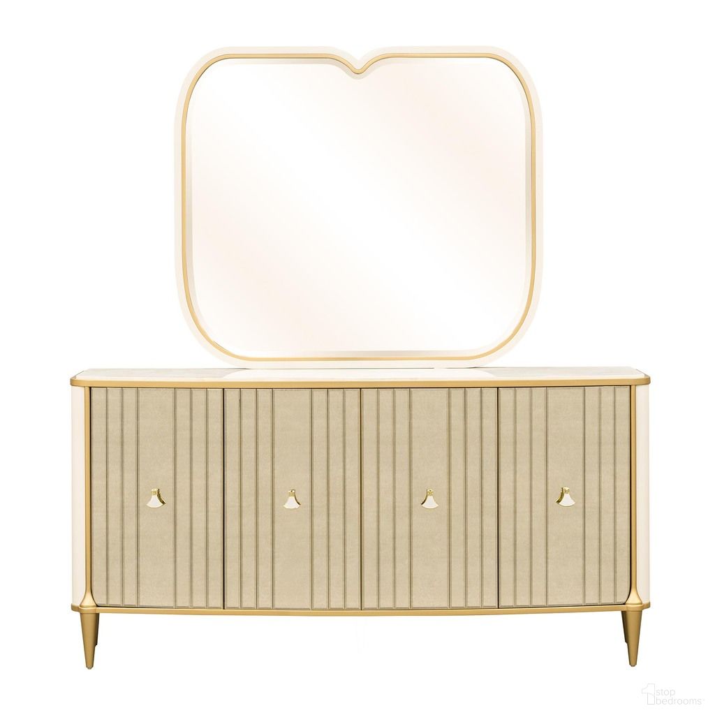 The appearance of Scotts Square Sideboard with Wall Mirror In Light Champagne designed by Michael Amini in the modern / contemporary interior design. This light champagne piece of furniture was selected by 1StopBedrooms from Scotts Square Collection to add a touch of cosiness and style into your home. Sku: 9097007-124;9097260-124. Material: Solid Wood.