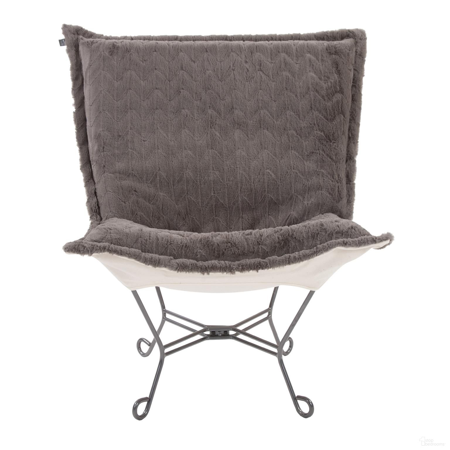 The appearance of Scroll Puff Chair Angora In Stone designed by Howard Elliott in the modern / contemporary interior design. This stone piece of furniture was selected by 1StopBedrooms from Angora Collection to add a touch of cosiness and style into your home. Sku: 500-1093. Material: Polyester.