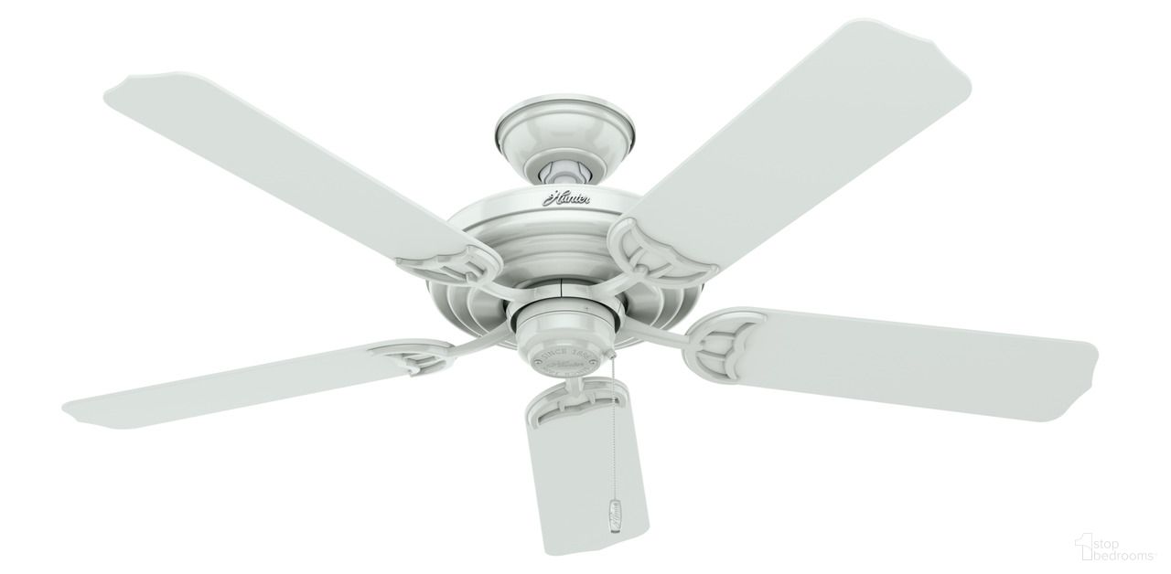 The appearance of Sea Air 52 Inch Indoor/Outdoor Ceiling Fan and Pull Chain In White designed by Hunter Fan in the coastal interior design. This white piece of furniture was selected by 1StopBedrooms from Sea Air Collection to add a touch of cosiness and style into your home. Sku: 53054. Material: Plastic.