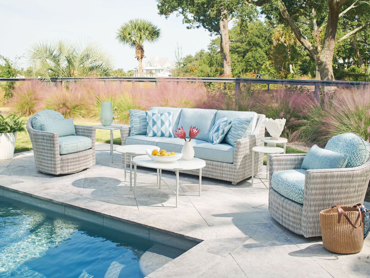 The appearance of Seabrook Outdoor Conversation Set In Blue designed by Tommy Bahama in the coastal interior design. This blue piece of furniture was selected by 1StopBedrooms from Seabrook Collection to add a touch of cosiness and style into your home. Sku: 3430-33-40;3430-22-40. Material: Fabric.