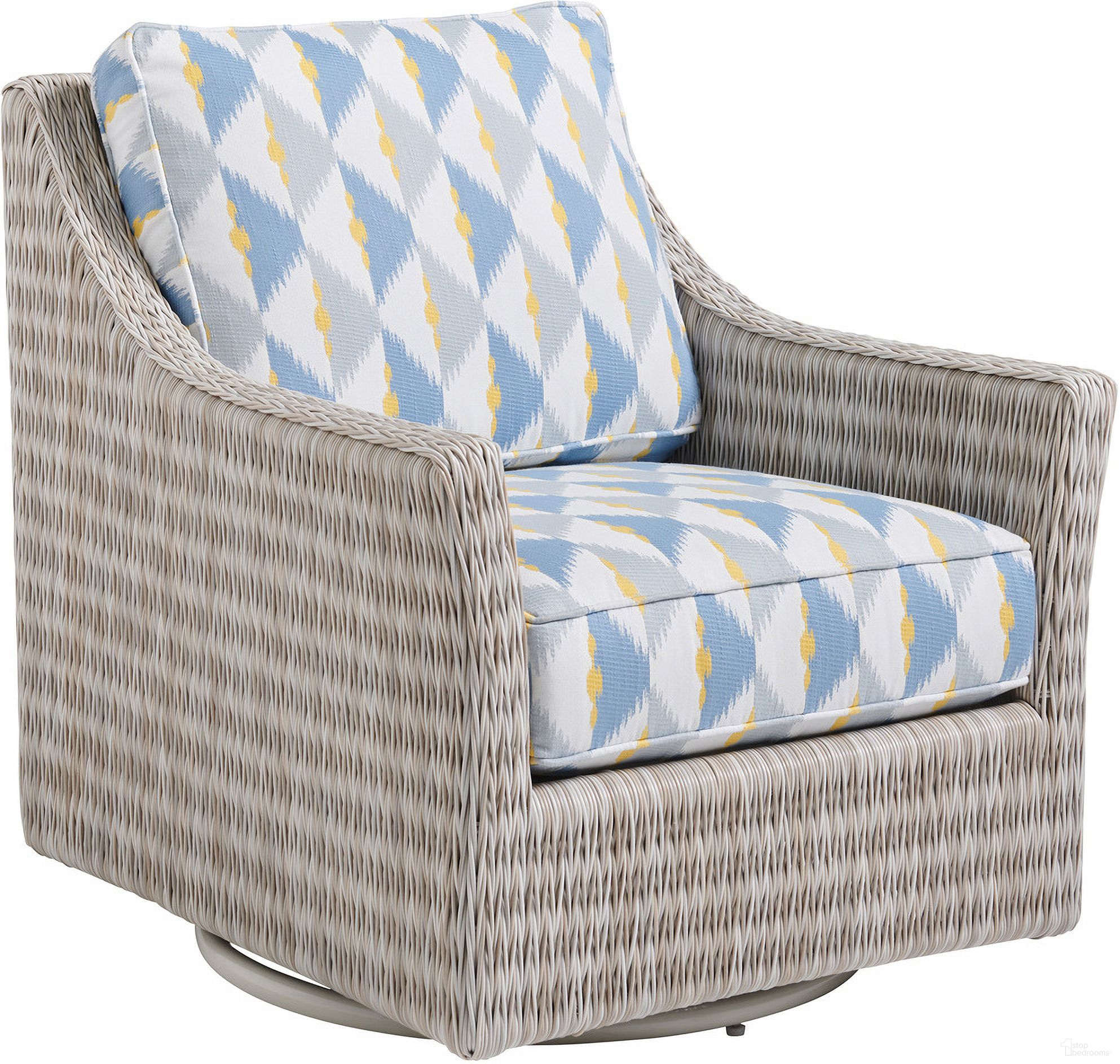 The appearance of Seabrook Swivel Glider Chair designed by Tommy Bahama in the coastal interior design. This multicolor piece of furniture was selected by 1StopBedrooms from Seabrook Collection to add a touch of cosiness and style into your home. Sku: 3430-11SG-40. Material: Fabric.