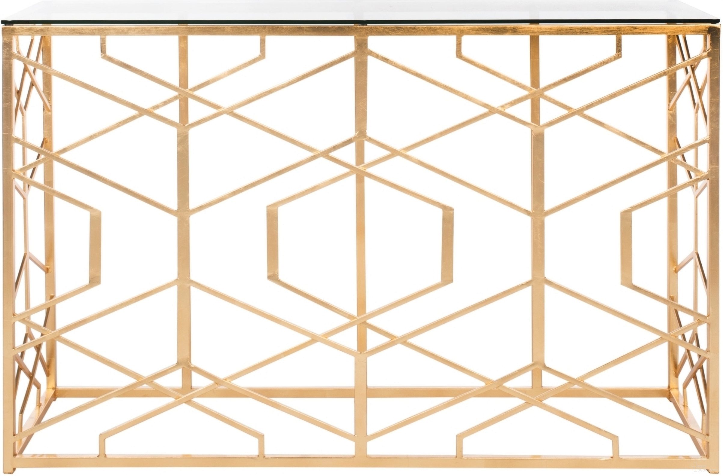 The appearance of Sean Gold Leaf Console Table designed by Safavieh Couture in the transitional interior design. This gold piece of furniture was selected by 1StopBedrooms from Sean Collection to add a touch of cosiness and style into your home. Sku: AMH8342A. Material: Metal.