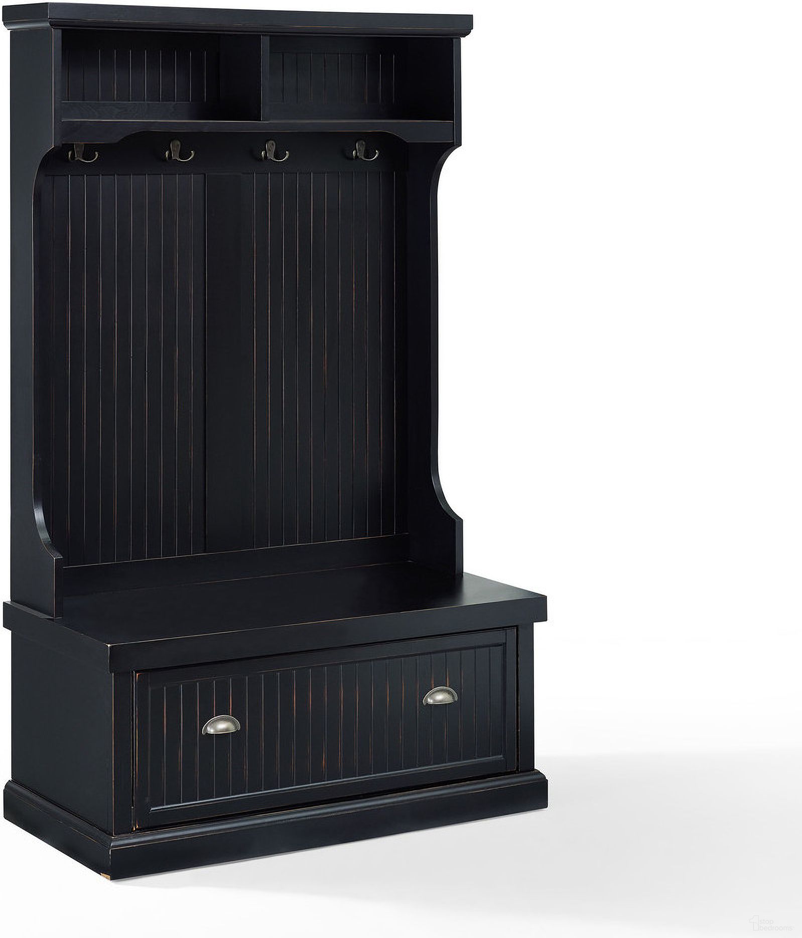 The appearance of Seaside Hall Tree In Distressed Black designed by Crosley Brands in the coastal interior design. This distressed black piece of furniture  was selected by 1StopBedrooms from Seaside Collection to add a touch of cosiness and style into your home. Sku: CF6006-BK. Material: Particle Board.