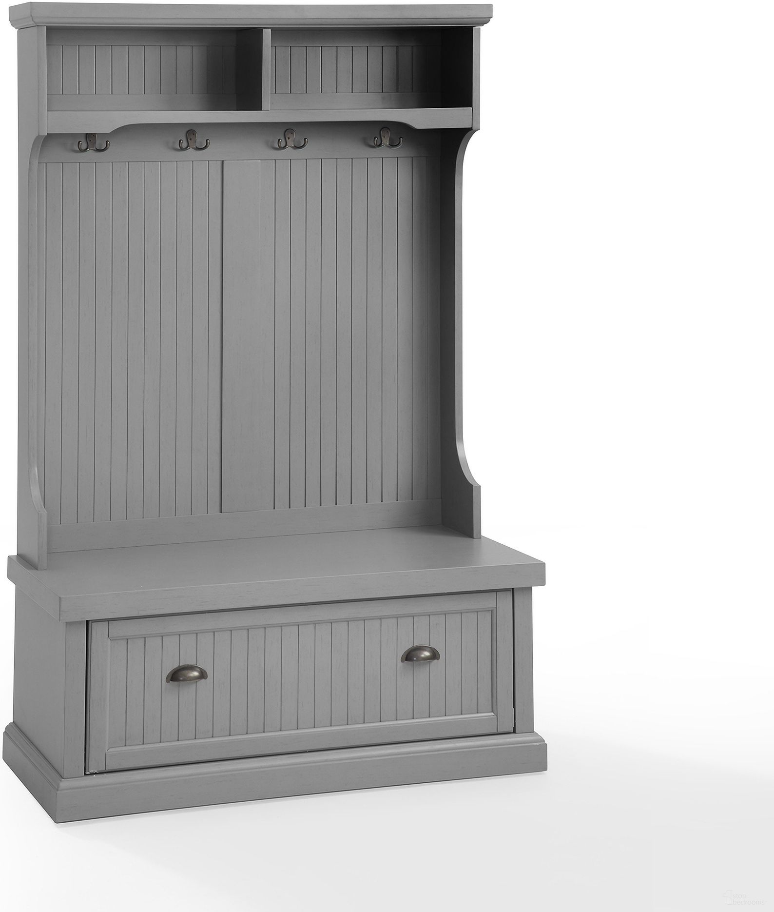 The appearance of Seaside Hall Tree In Distressed Gray designed by Crosley Brands in the coastal interior design. This distressed gray piece of furniture was selected by 1StopBedrooms from Seaside Collection to add a touch of cosiness and style into your home. Sku: CF6006-GY. Material: Particle Board.