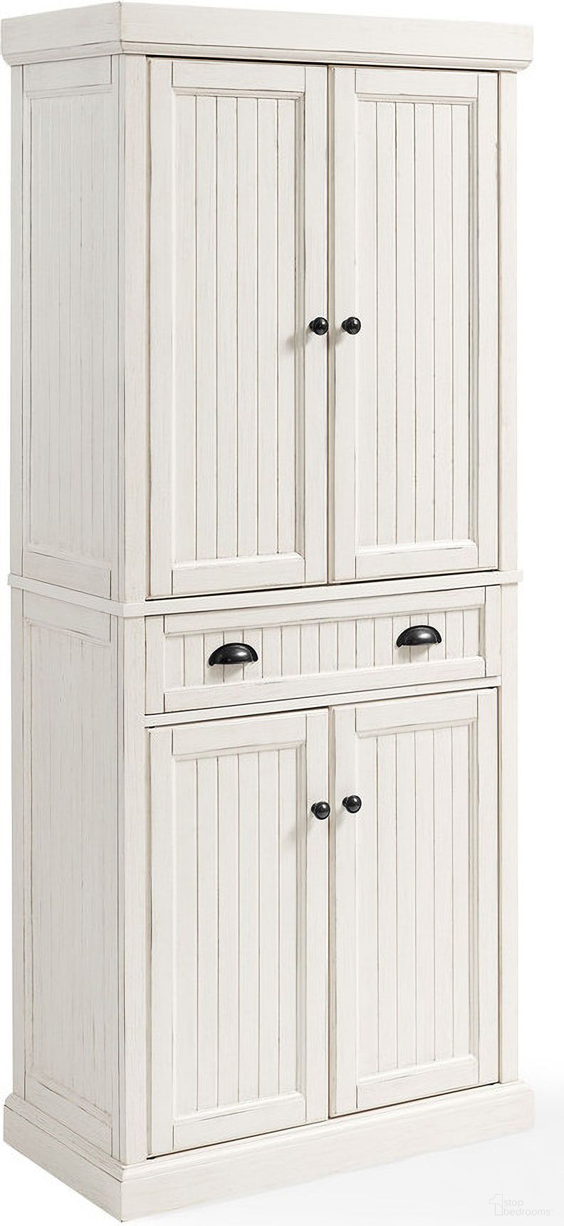 The appearance of Seaside Kitchen Storage Pantry In Distressed White designed by Crosley Brands in the coastal interior design. This distressed white piece of furniture  was selected by 1StopBedrooms from Seaside Collection to add a touch of cosiness and style into your home. Sku: CF3103-WH. Material: Particle Board.