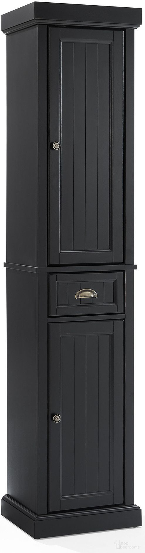 The appearance of Seaside Tall Linen Storage Cabinet In Distressed Black designed by Crosley Brands in the coastal interior design. This distressed black piece of furniture was selected by 1StopBedrooms from Seaside Collection to add a touch of cosiness and style into your home. Sku: CF7019-BK. Material: MDF.