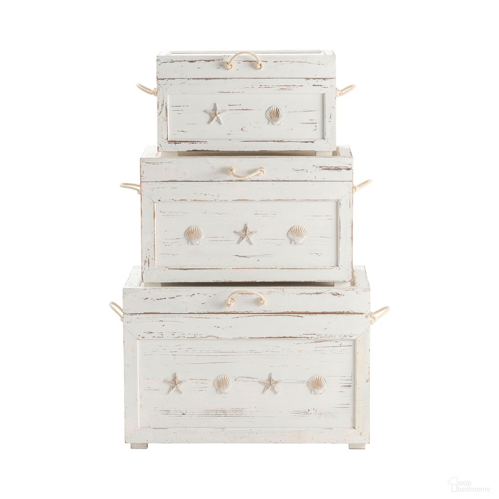The appearance of Seaside Trunks In White designed by Crestview Collection in the coastal interior design. This white piece of furniture was selected by 1StopBedrooms from to add a touch of cosiness and style into your home. Sku: CVFZR1551. Material: Solid Wood.