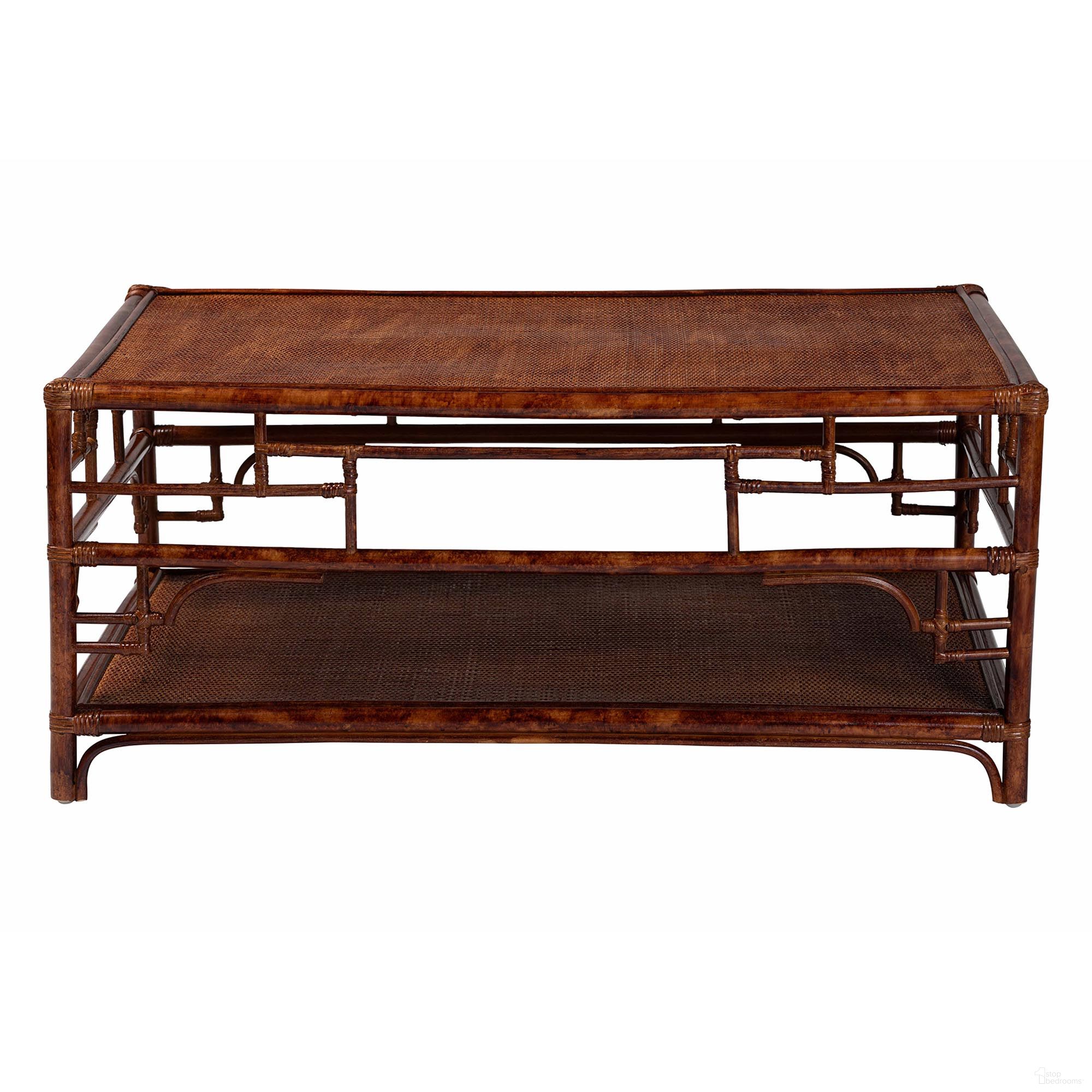 Sebalio Natural Rattan Coffee Table with Open Shelf In Marbled Tortoise Brown