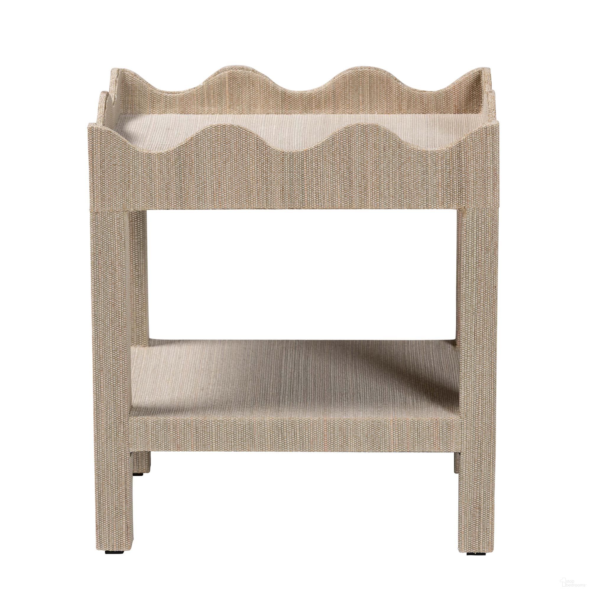 The appearance of Sebastian Grasscloth Scalloped End Table with Open Shelf Storage In Beige designed by Baxton Studio in the bohemian interior design. This beige piece of furniture  was selected by 1StopBedrooms from Sebastian Collection to add a touch of cosiness and style into your home. Sku: Sebastian 2 Tier-Beige-End Table. Material: Raffia.