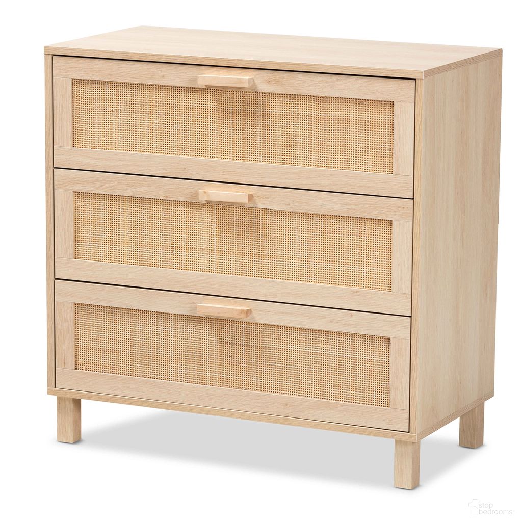 The appearance of Sebille Wood 3 Drawer Storage Cabinet with Natural Rattan In Light Brown designed by Baxton Studio in the transitional interior design. This light brown piece of furniture  was selected by 1StopBedrooms from Sebille Collection to add a touch of cosiness and style into your home. Sku: LC21020906-Rattan-3DW-Cabinet. Material: Natural Rattan.