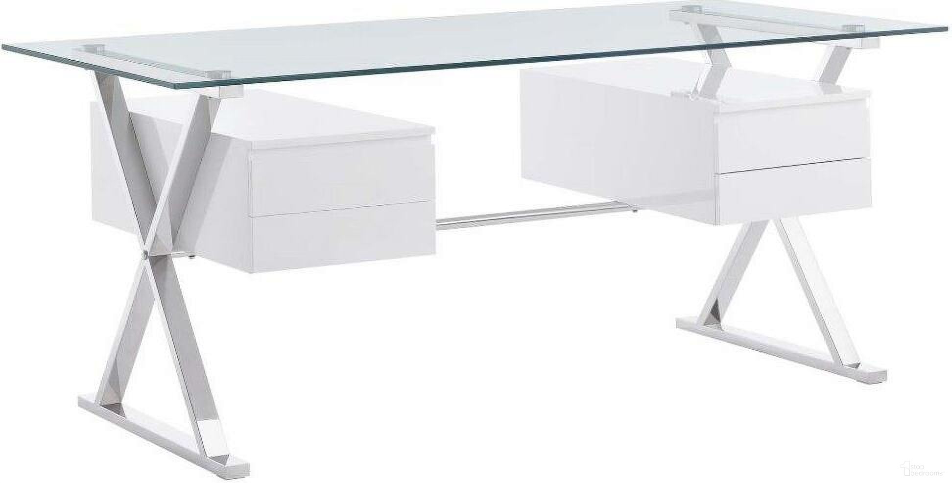 The appearance of Sector 71 Inch Glass Top Office Desk In White designed by Modway in the modern / contemporary interior design. This white piece of furniture was selected by 1StopBedrooms from Sector Collection to add a touch of cosiness and style into your home. Sku: EEI-6226-BAR;EEI-6226-GLASS;EEI-6226-SLV-LEGS;EEI-6226-WHI-D. Material: Steel.