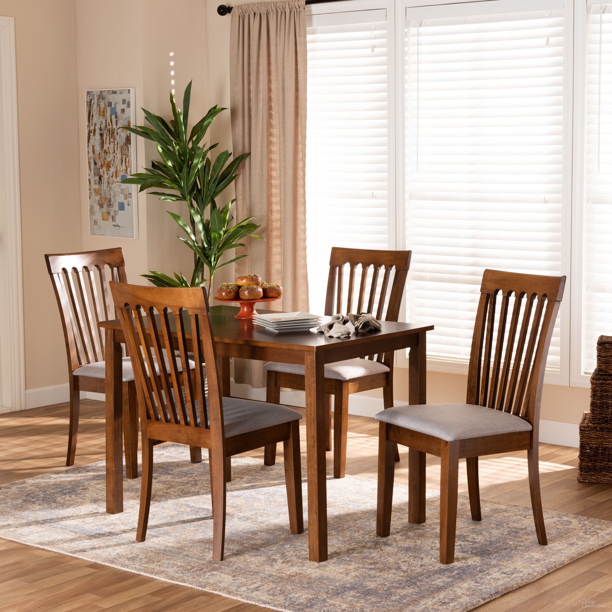 The appearance of Seda Fabric Upholstered and Wood 5-Piece Dining Set In Grey and Walnut Brown designed by Baxton Studio in the modern / contemporary interior design. This grey/walnut brown piece of furniture was selected by 1StopBedrooms from Seda Collection to add a touch of cosiness and style into your home. Sku: Seda-Grey/Walnut-5PC Dining Set. Table Base Style: Legs. Material: Polyester. Table Top Shape: Rectangular. Size: 28" x 43".