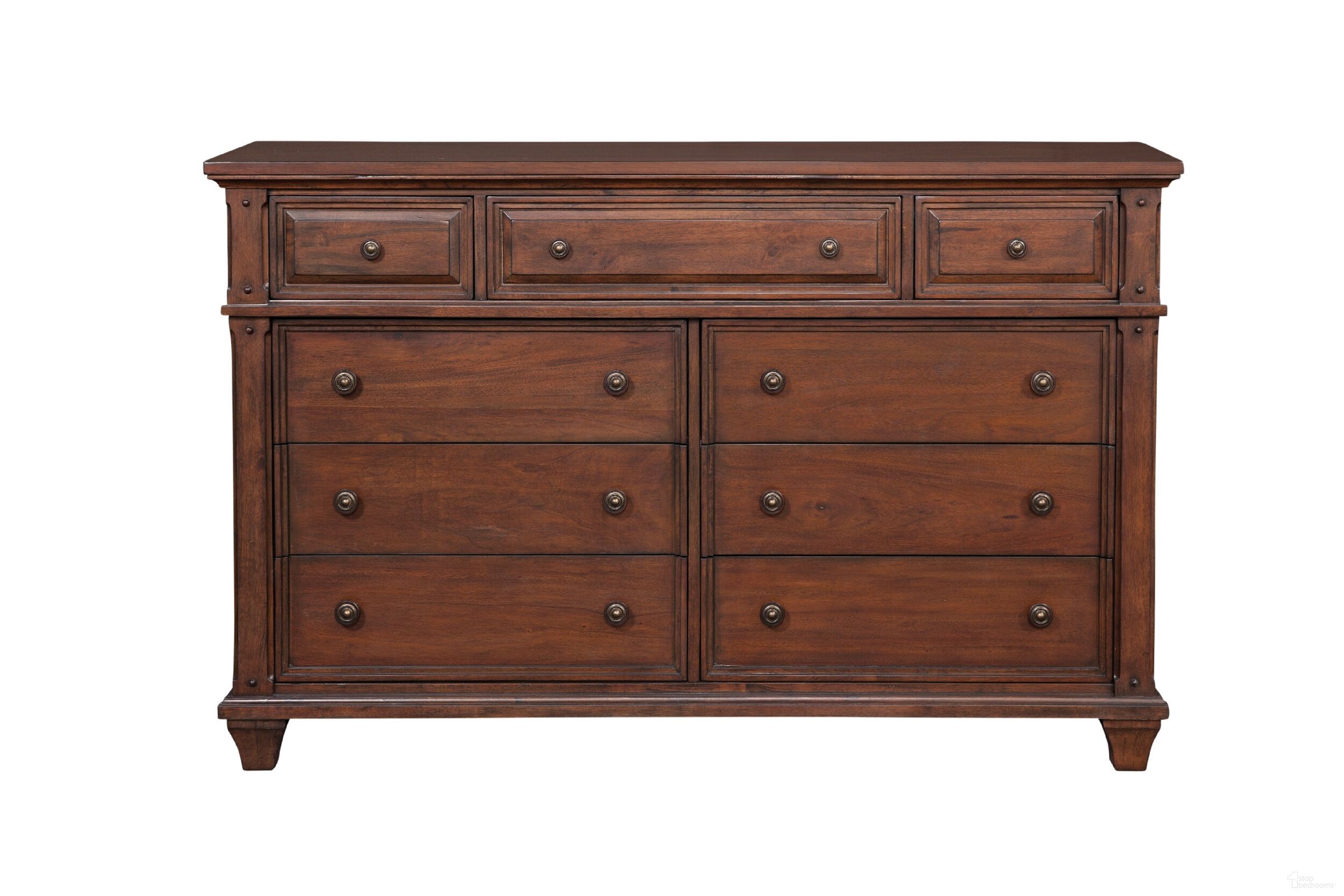 The appearance of Sedona Cinnamon Cherry Dresser designed by American Woodcrafters in the transitional interior design. This brown piece of furniture was selected by 1StopBedrooms from Sedona Collection to add a touch of cosiness and style into your home. Sku: 2400-270. Material: Wood.