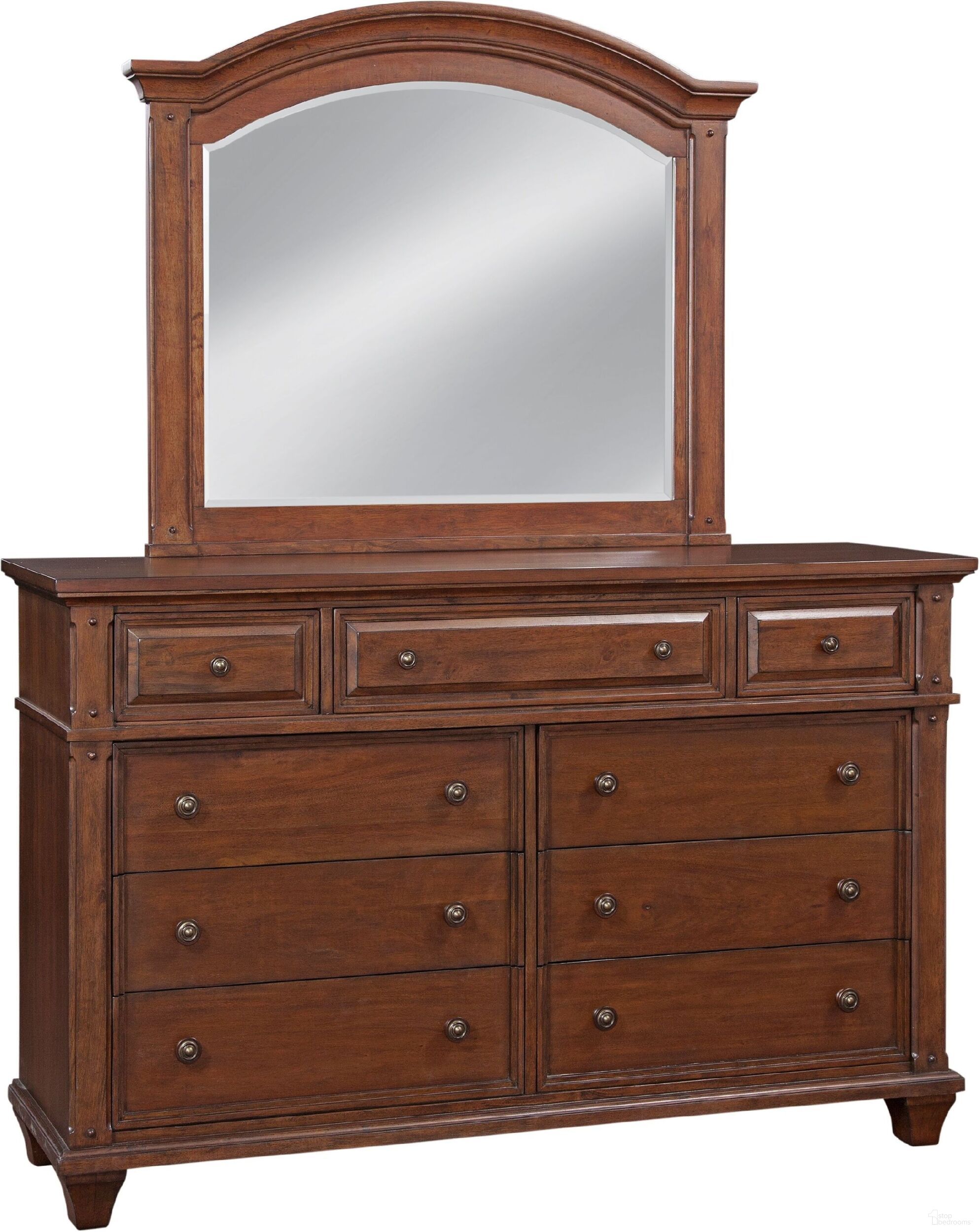 The appearance of Sedona Dresser with Mirror In Cinnamon Cherry designed by American Woodcrafters in the transitional interior design. This cinnamon cherry piece of furniture was selected by 1StopBedrooms from Sedona Collection to add a touch of cosiness and style into your home. Sku: 2400-270;2400-040. Material: Hardwood.