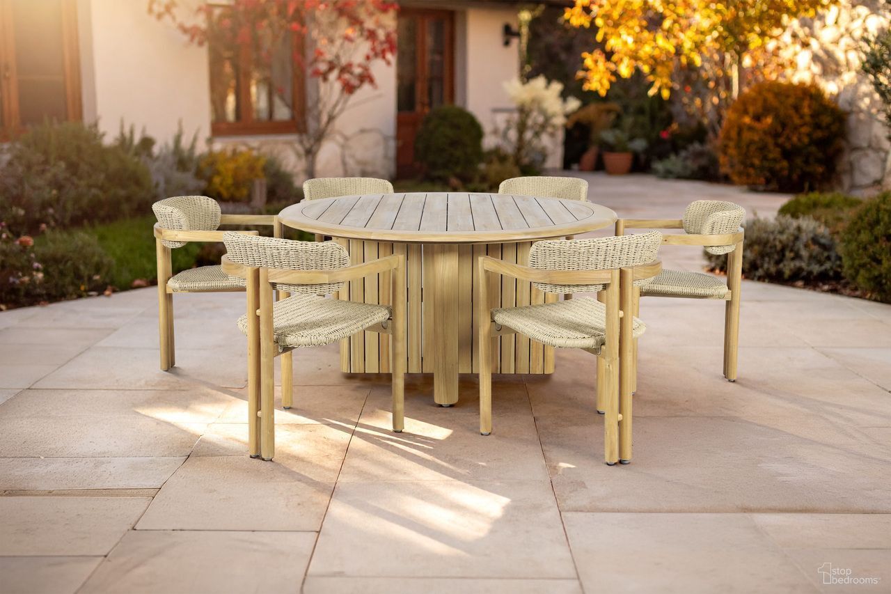 The appearance of Sedona Round Outdoor Dining Room Set In Beige and Natural designed by New Classic in the transitional interior design. This beige/natural piece of furniture was selected by 1StopBedrooms from Sedona Collection to add a touch of cosiness and style into your home. Sku: G6201-DT;G6201-DC. Table Base Style: Pedestal. Table Top Shape: Round. Material: Wood.