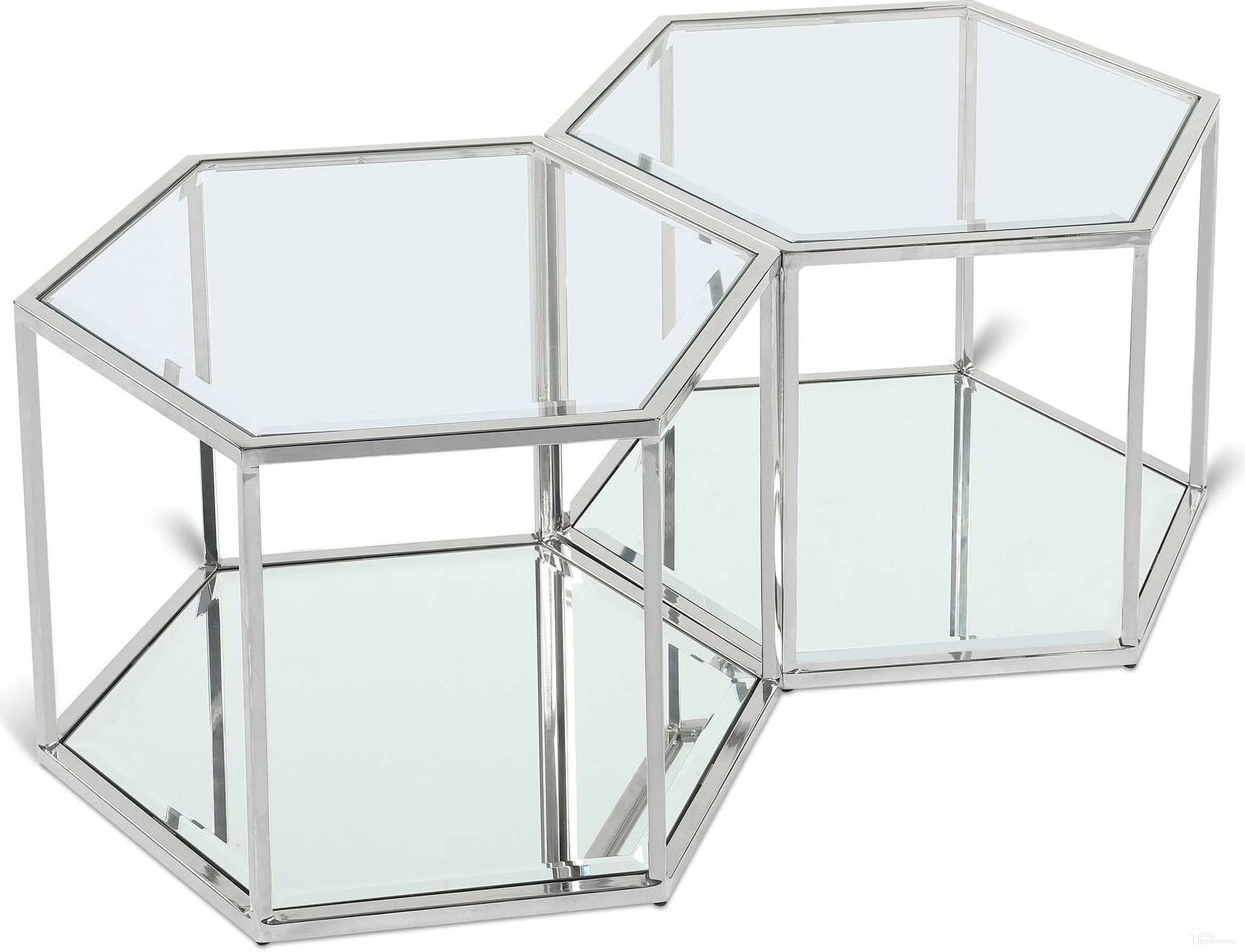 The appearance of Sei 2 Piece Coffee Table In Chrome designed by Meridian in the modern / contemporary interior design. This chrome piece of furniture  was selected by 1StopBedrooms from Sei Collection to add a touch of cosiness and style into your home. Sku: 206-CT;206-CT. Material: Stainless Steel.