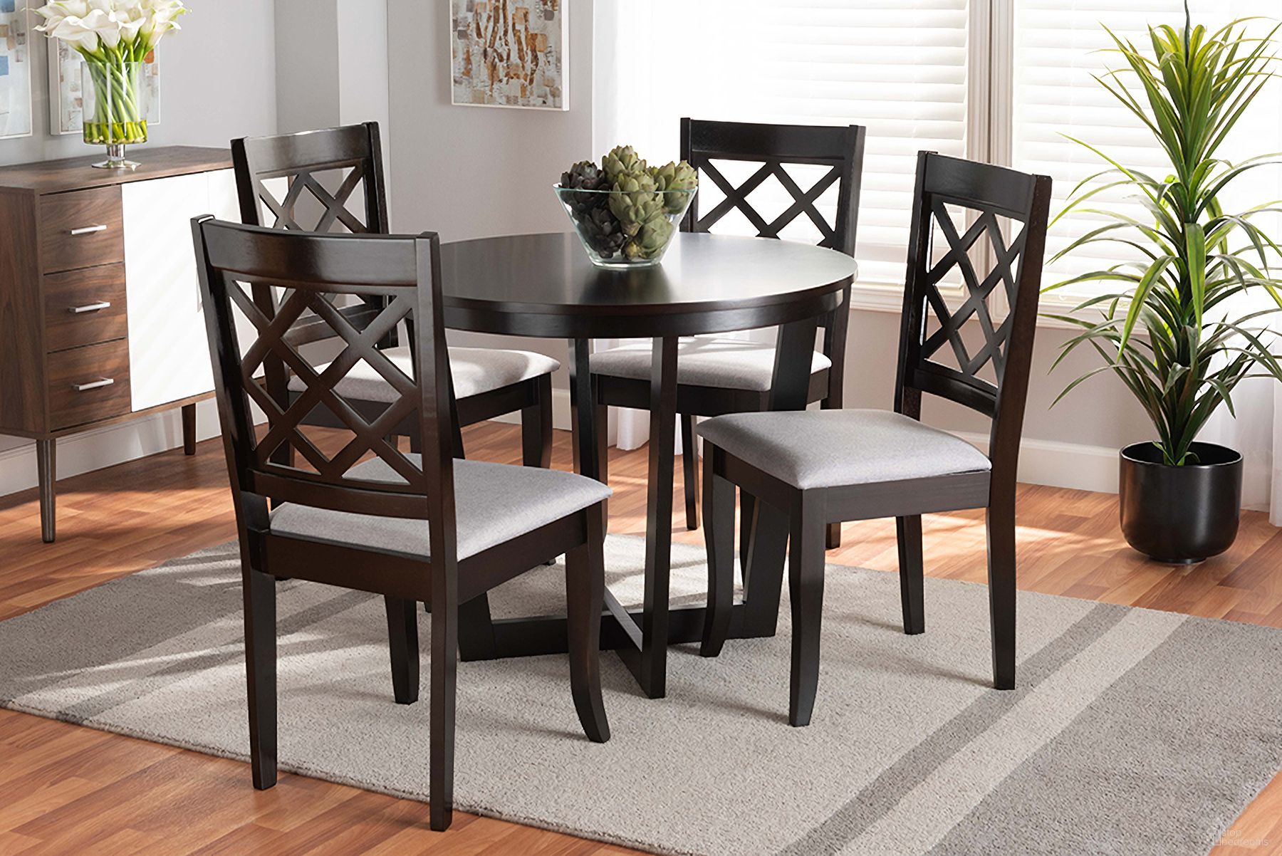 The appearance of Selby Modern and Contemporary Grey Fabric Upholstered and Dark Brown Finished Wood 5-Piece Dining Set designed by Baxton Studio in the modern / contemporary interior design. This dark brown piece of furniture  was selected by 1StopBedrooms from Selby Collection to add a touch of cosiness and style into your home. Sku: Selby-Grey/Dark Brown-5PC Dining Set. Material: Rubberwood.